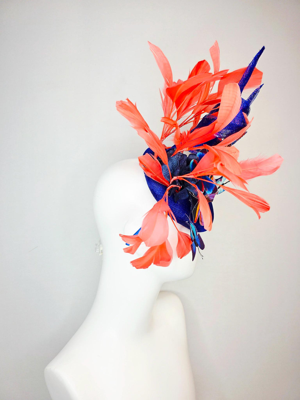 kentucky derby hat fascinator cobalt blue sinamay with curls royal blue organza flower coral orange feathers blue yellow black butterflies