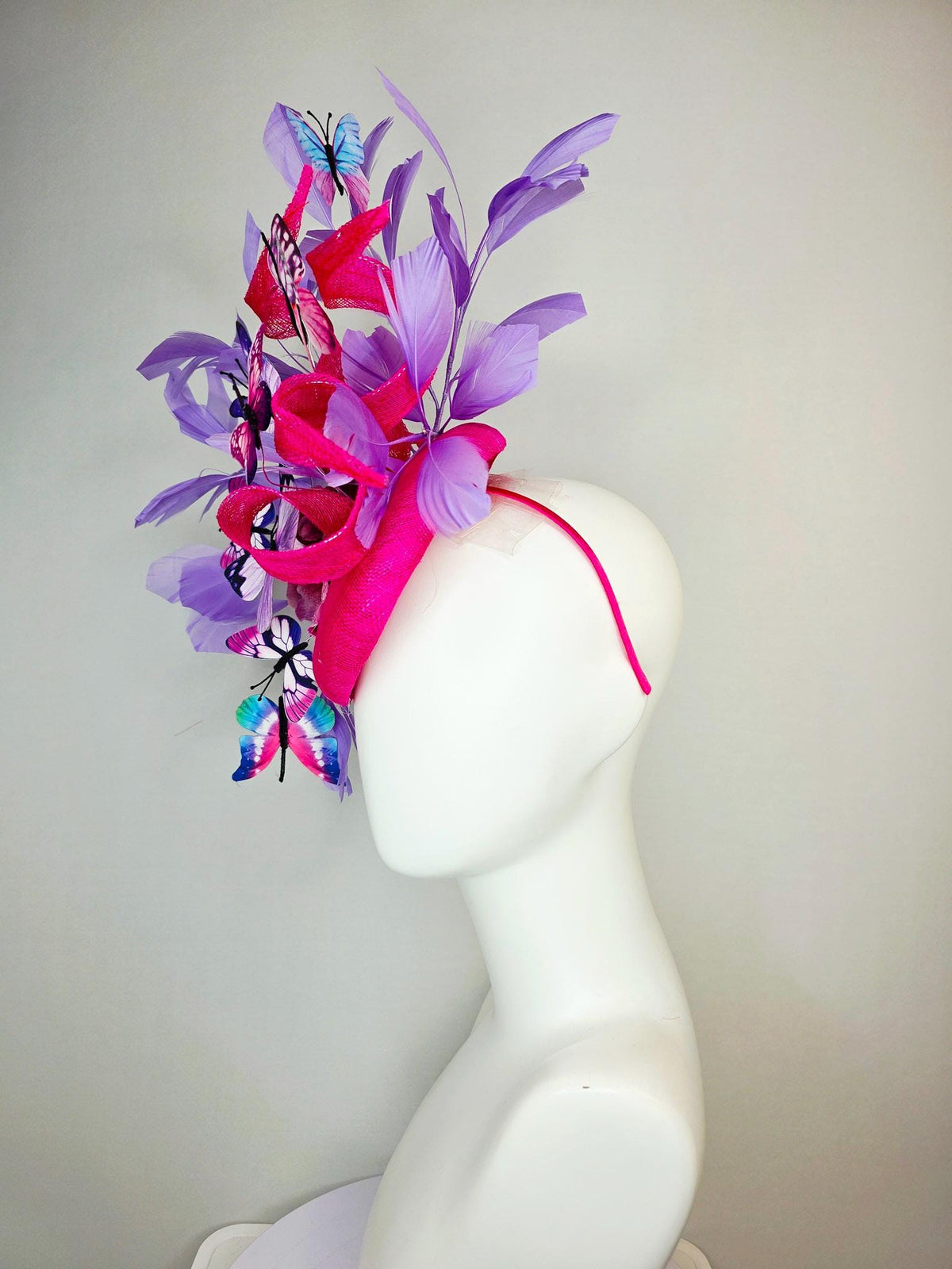 kentucky derby hat fascinator hot pink sinamay with curls ombre pink organza flower lavender feathers blue purple pink white butterflies