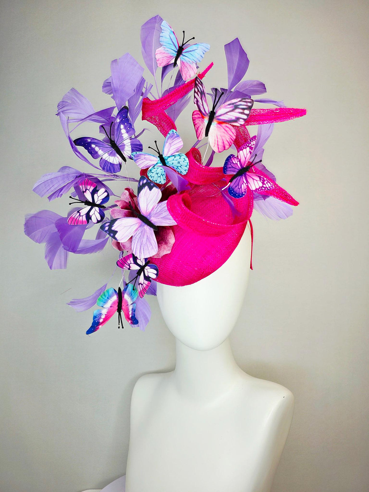 kentucky derby hat fascinator hot pink sinamay with curls ombre pink organza flower lavender feathers blue purple pink white butterflies