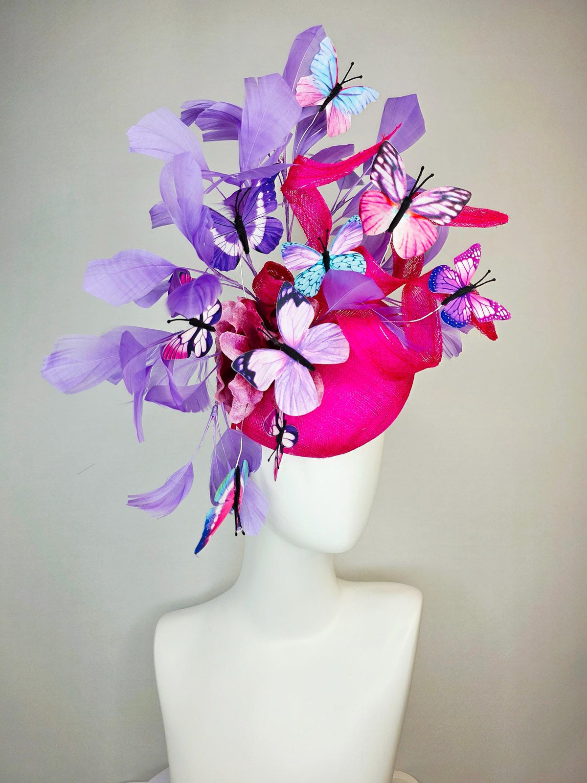 kentucky derby hat fascinator hot pink sinamay with curls ombre pink organza flower lavender feathers blue purple pink white butterflies