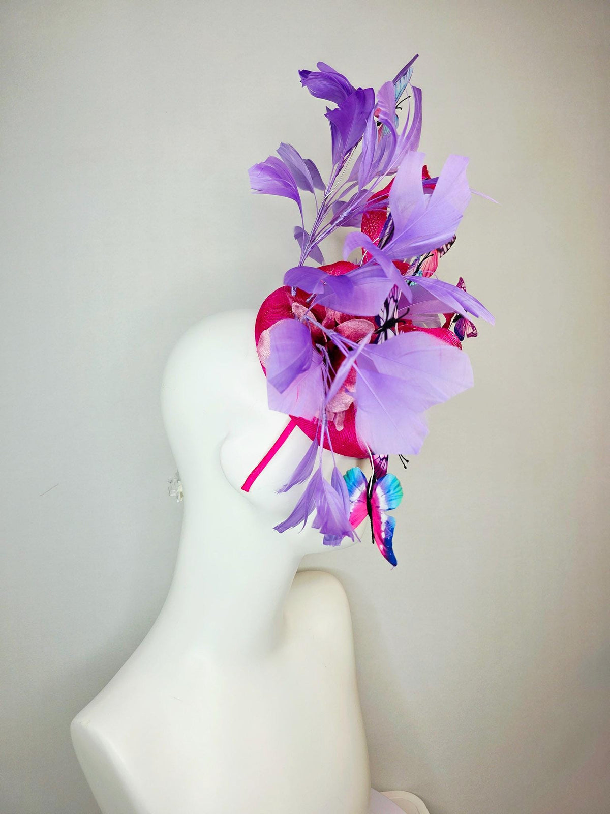 kentucky derby hat fascinator hot pink sinamay with curls ombre pink organza flower lavender feathers blue purple pink white butterflies
