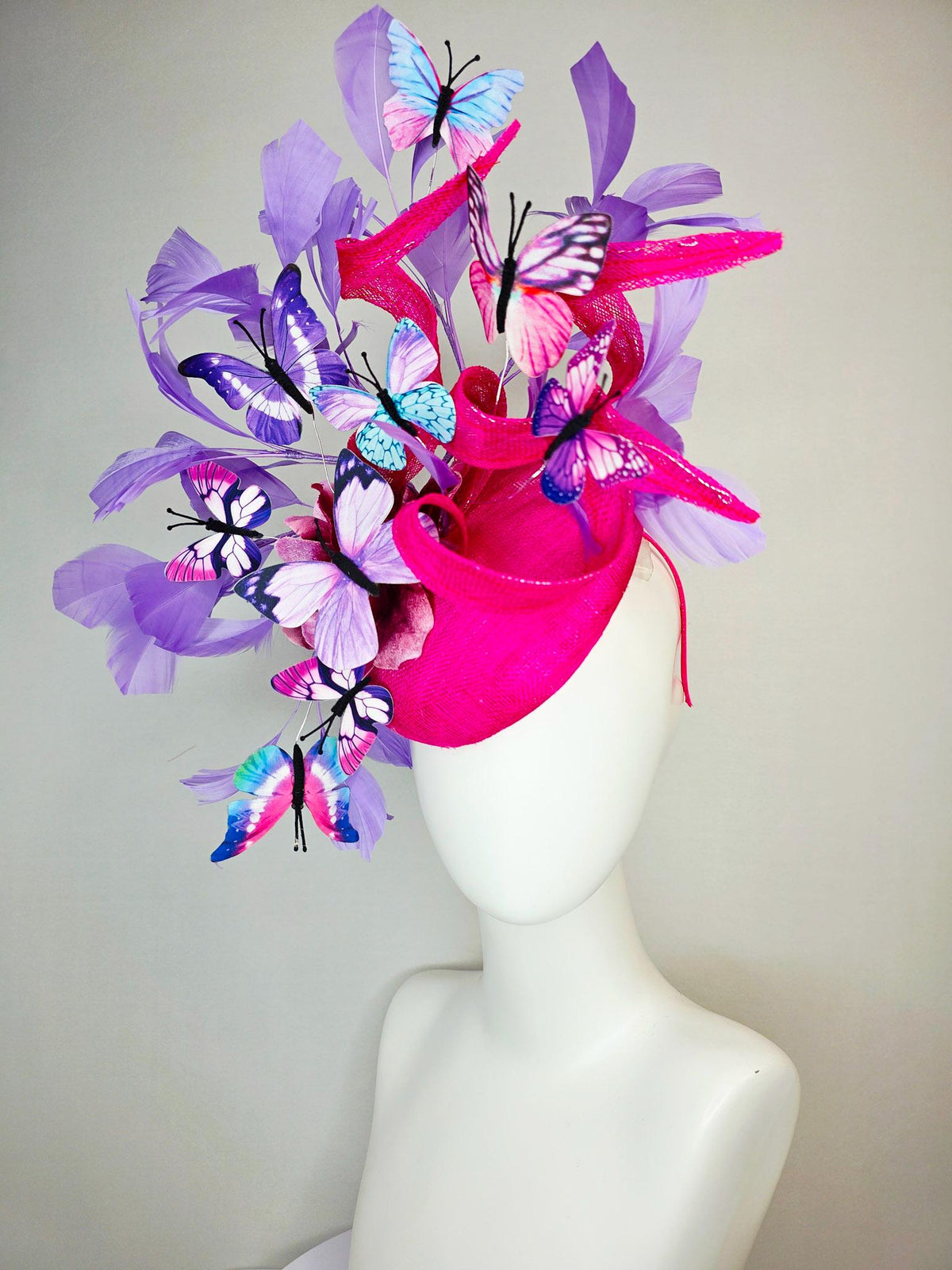 kentucky derby hat fascinator hot pink sinamay with curls ombre pink organza flower lavender feathers blue purple pink white butterflies
