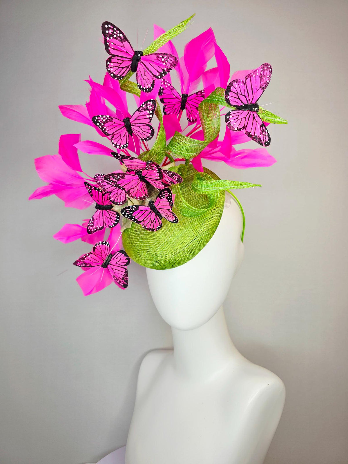 kentucky derby hat fascinator lime green sinamay with curls cream gold organza flower fuchsia pink feathers bright pink black butterflies