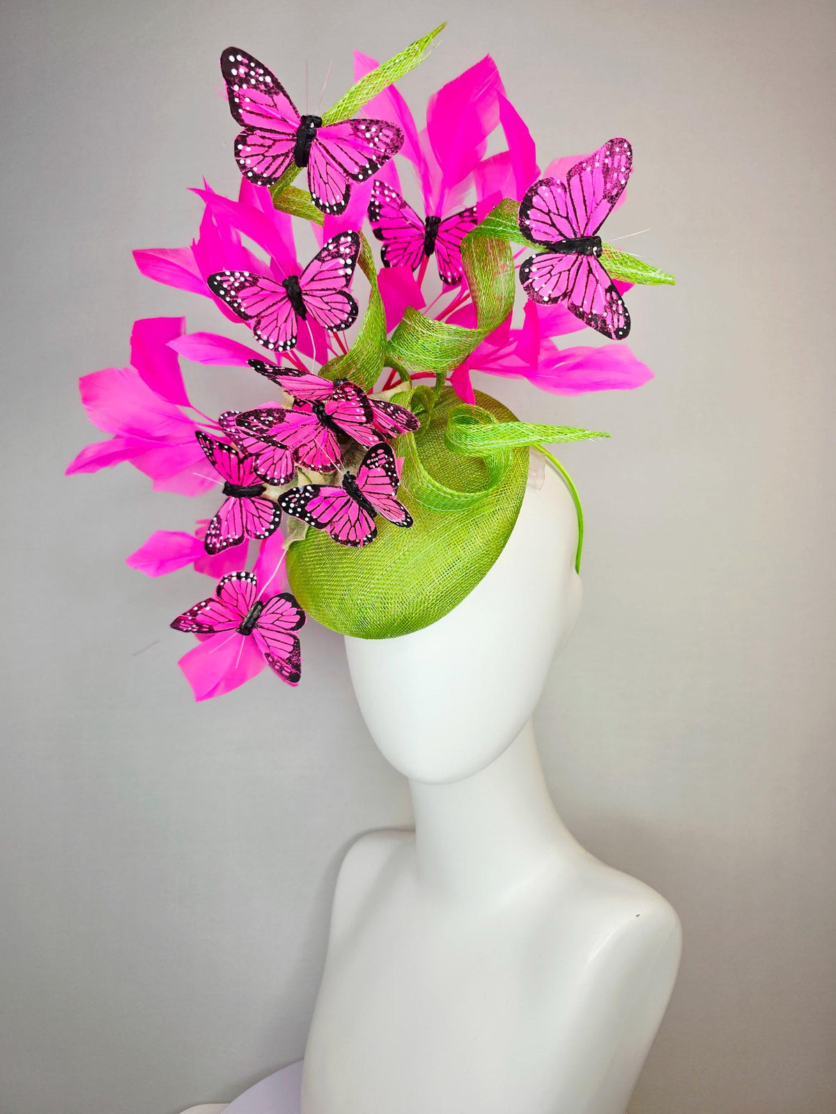 kentucky derby hat fascinator lime green sinamay with curls cream gold organza flower fuchsia pink feathers bright pink black butterflies