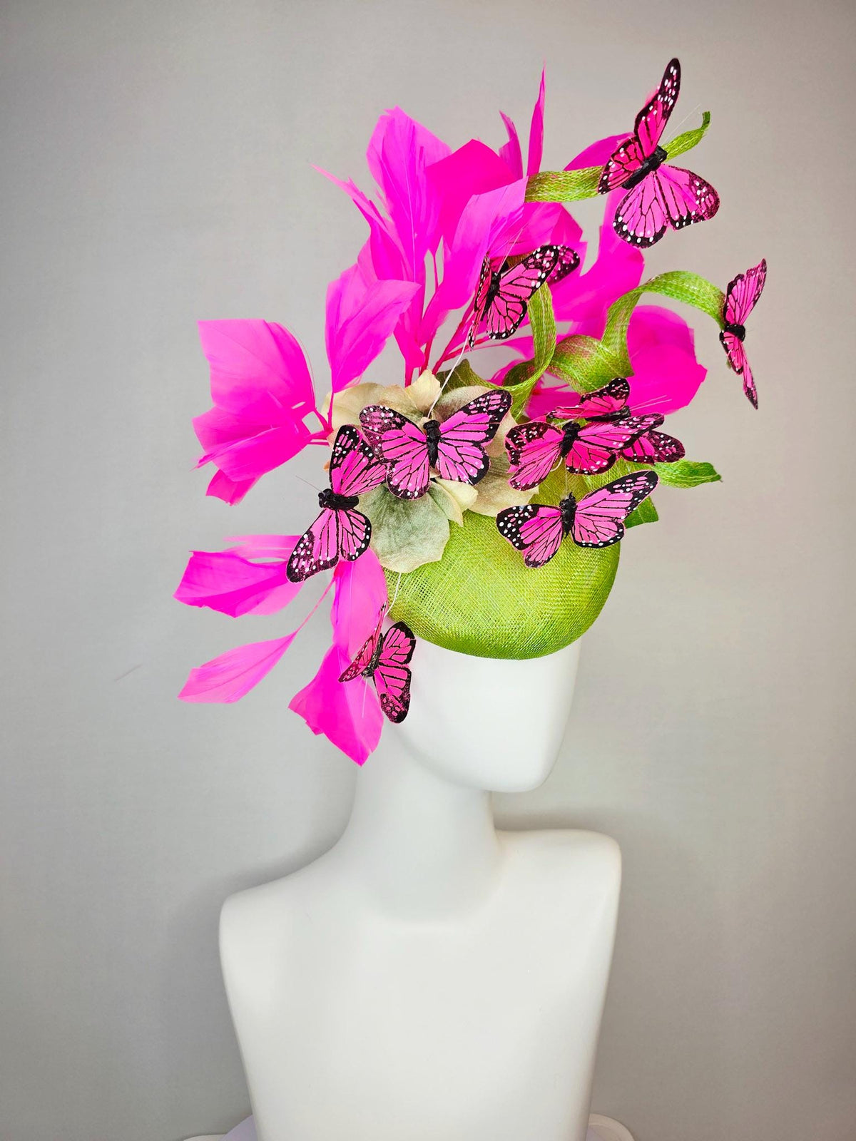 kentucky derby hat fascinator lime green sinamay with curls cream gold organza flower fuchsia pink feathers bright pink black butterflies