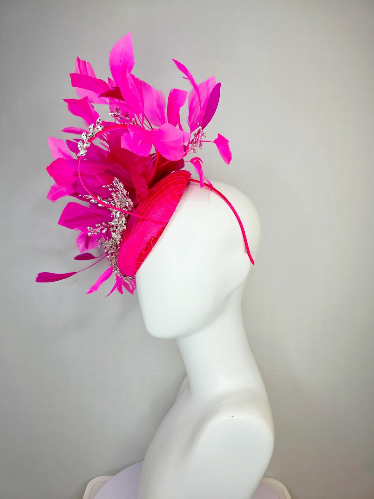 kentucky derby hat fascinator hot bright pink satin with netting saucer leaf vine crystal rhinestone jewels fuchsia pink branching feathers