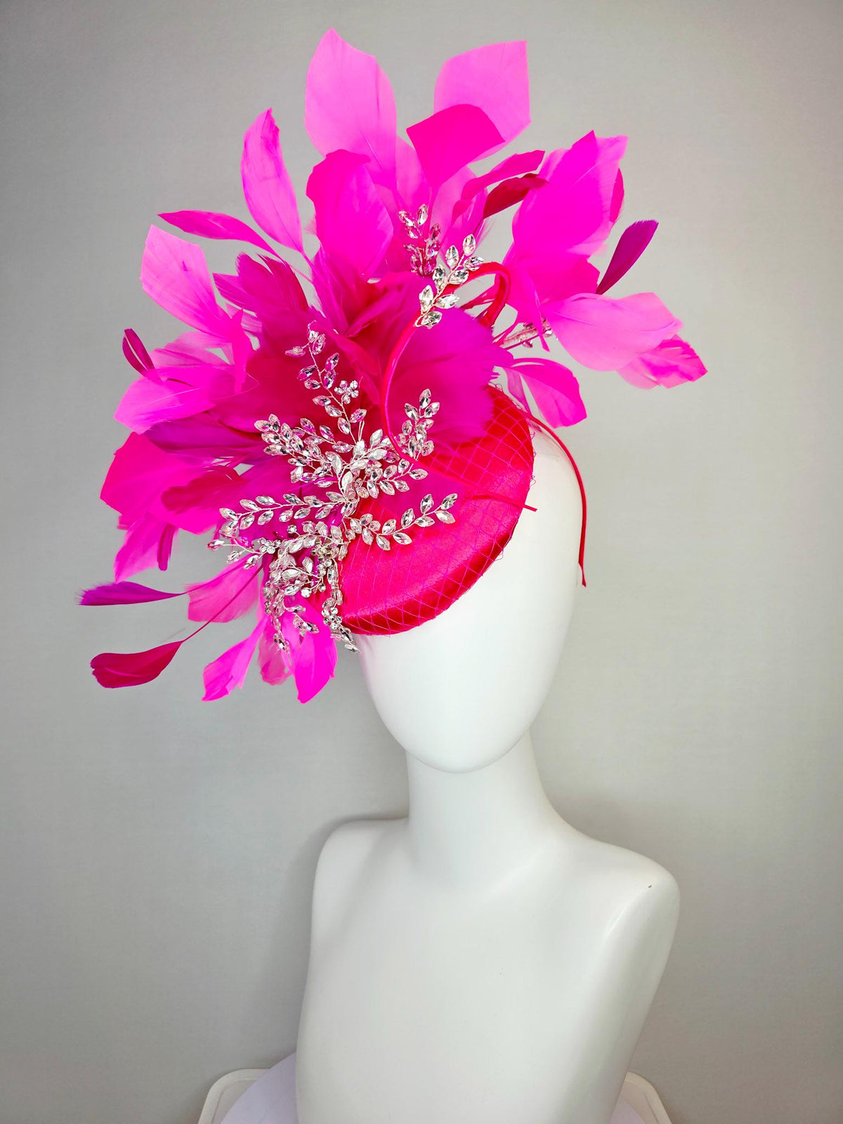 kentucky derby hat fascinator hot bright pink satin with netting saucer leaf vine crystal rhinestone jewels fuchsia pink branching feathers