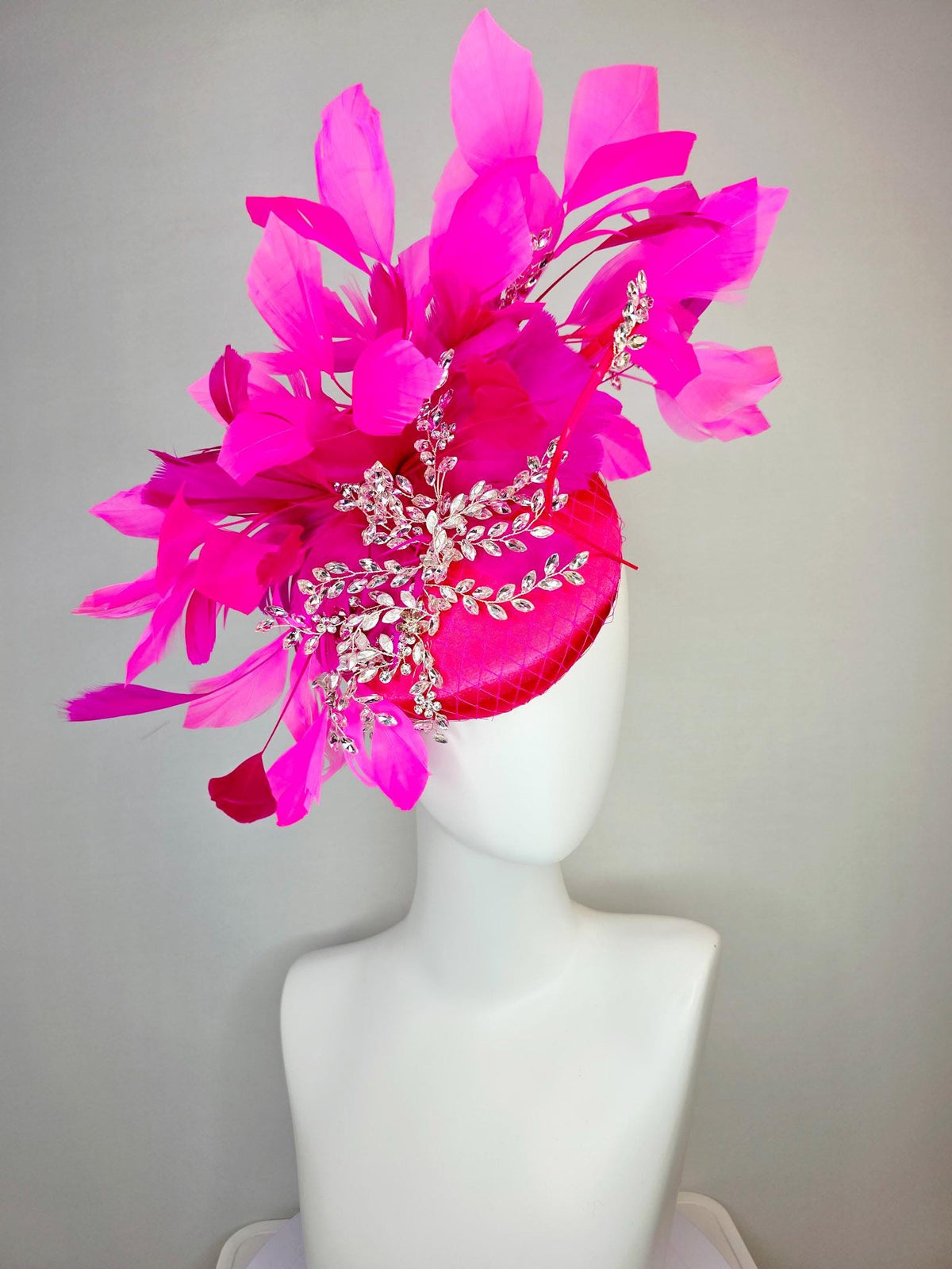 kentucky derby hat fascinator hot bright pink satin with netting saucer leaf vine crystal rhinestone jewels fuchsia pink branching feathers