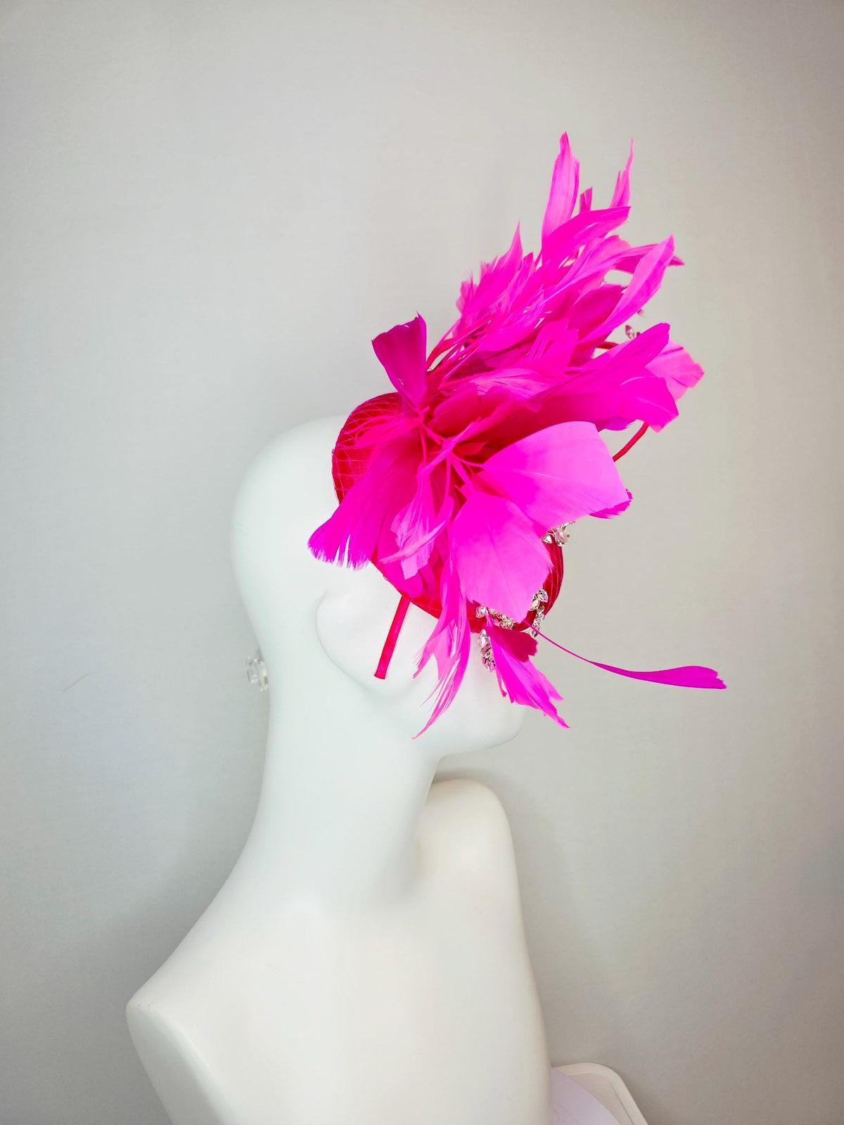 kentucky derby hat fascinator hot bright pink satin with netting saucer leaf vine crystal rhinestone jewels fuchsia pink branching feathers
