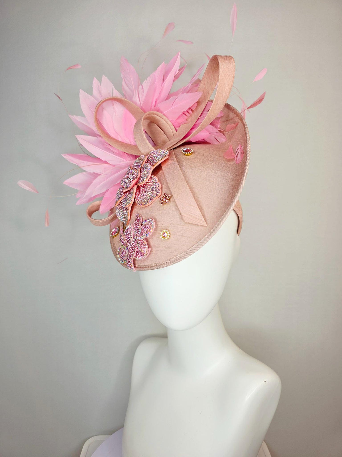 kentucky derby hat fascinator champagne pink shantung saucer with shantung bow iridescent pink crystal rhinestone flowers baby pink feathers