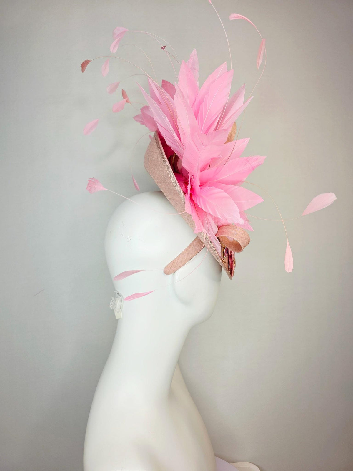 kentucky derby hat fascinator champagne pink shantung saucer with shantung bow iridescent pink crystal rhinestone flowers baby pink feathers