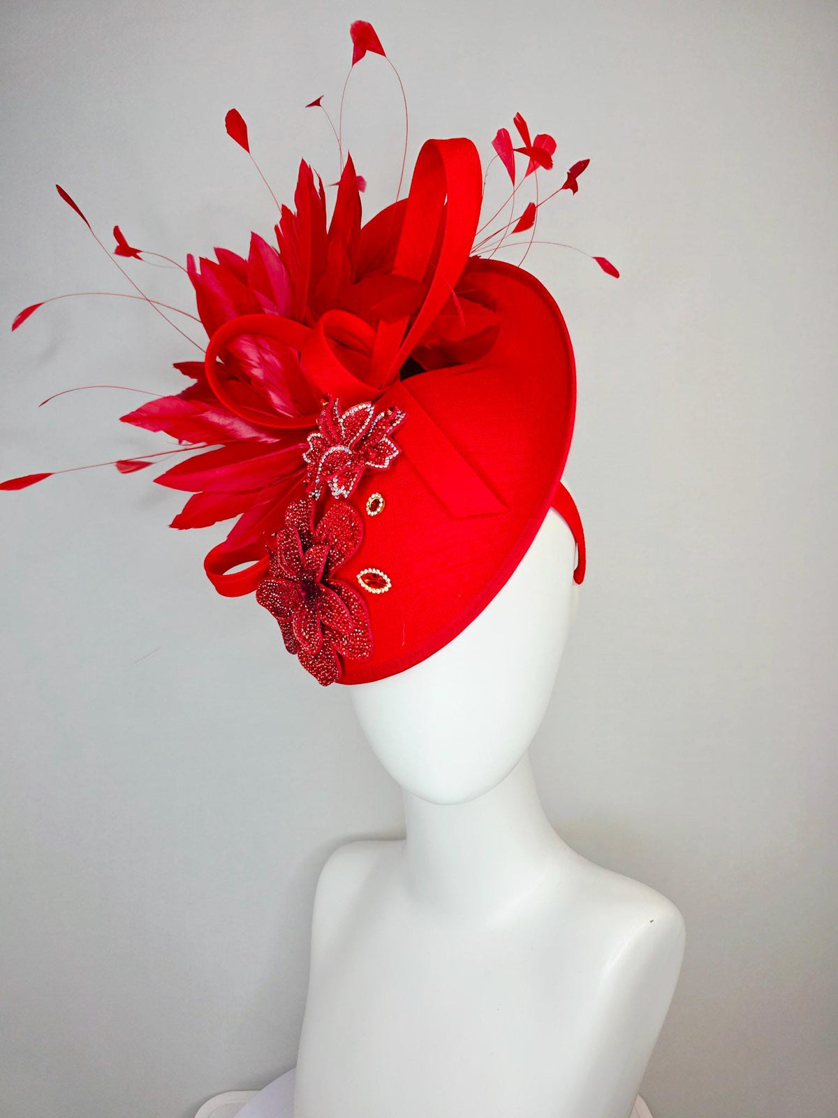 kentucky derby hat fascinator bright red shantung saucer with shantung bow red crystal rhinestone flowers scarlert red branching feathers