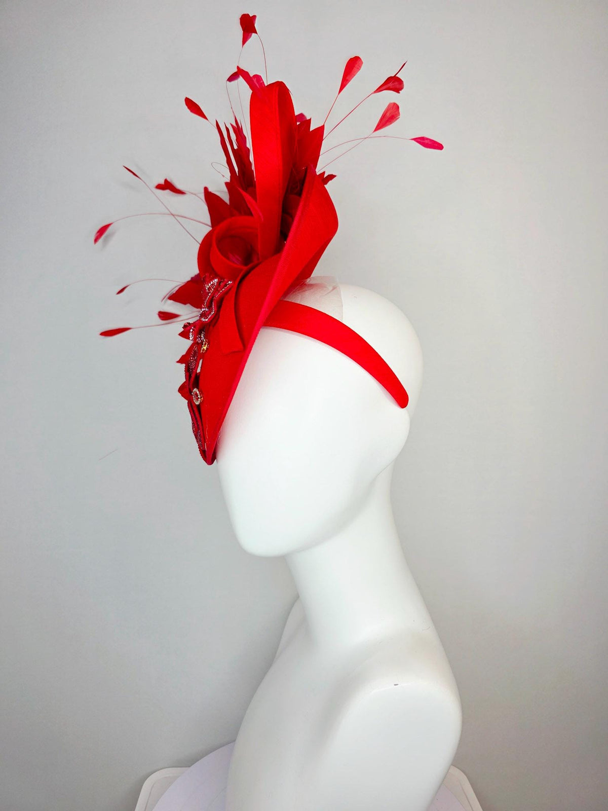 kentucky derby hat fascinator bright red shantung saucer with shantung bow red crystal rhinestone flowers scarlert red branching feathers