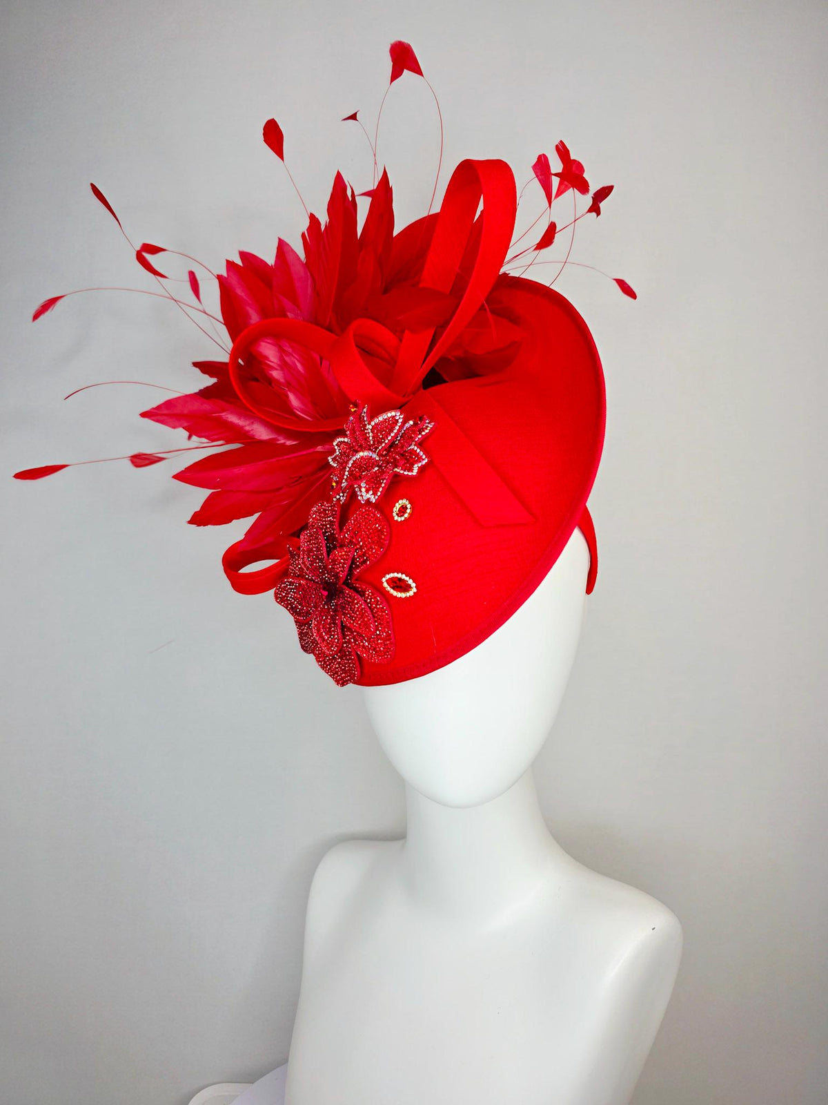 kentucky derby hat fascinator bright red shantung saucer with shantung bow red crystal rhinestone flowers scarlert red branching feathers