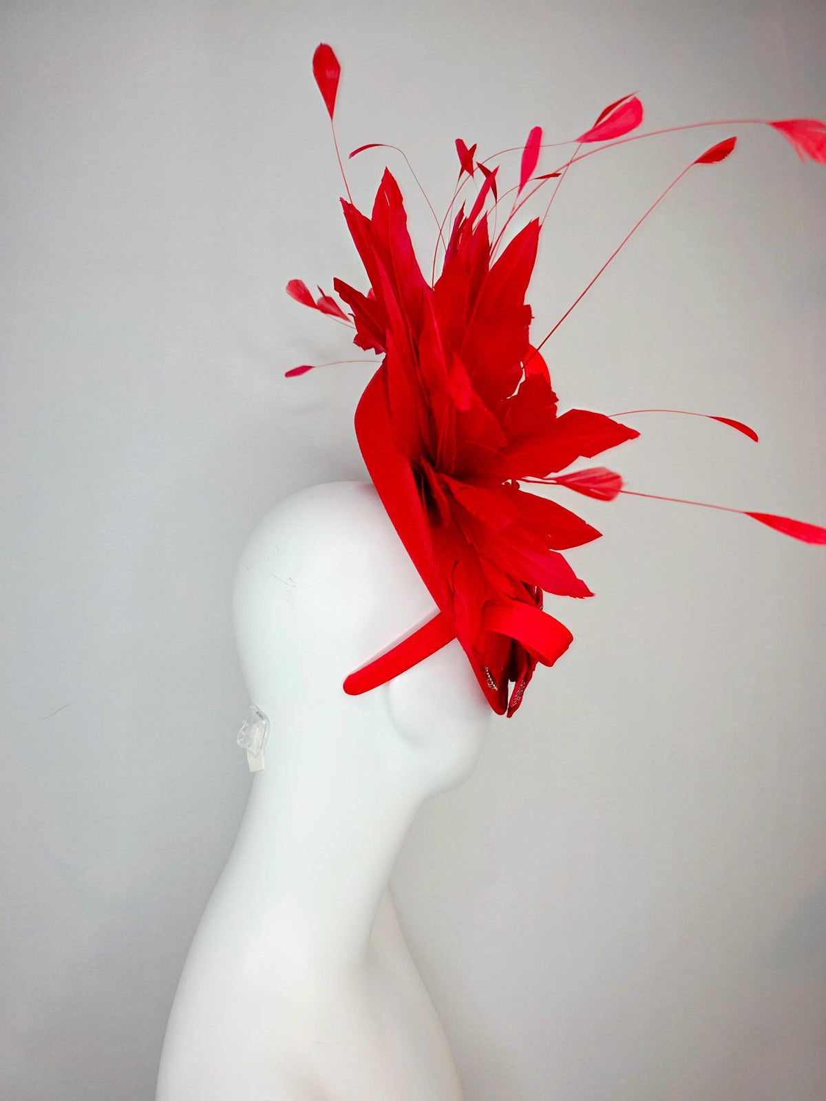 kentucky derby hat fascinator bright red shantung saucer with shantung bow red crystal rhinestone flowers scarlert red branching feathers