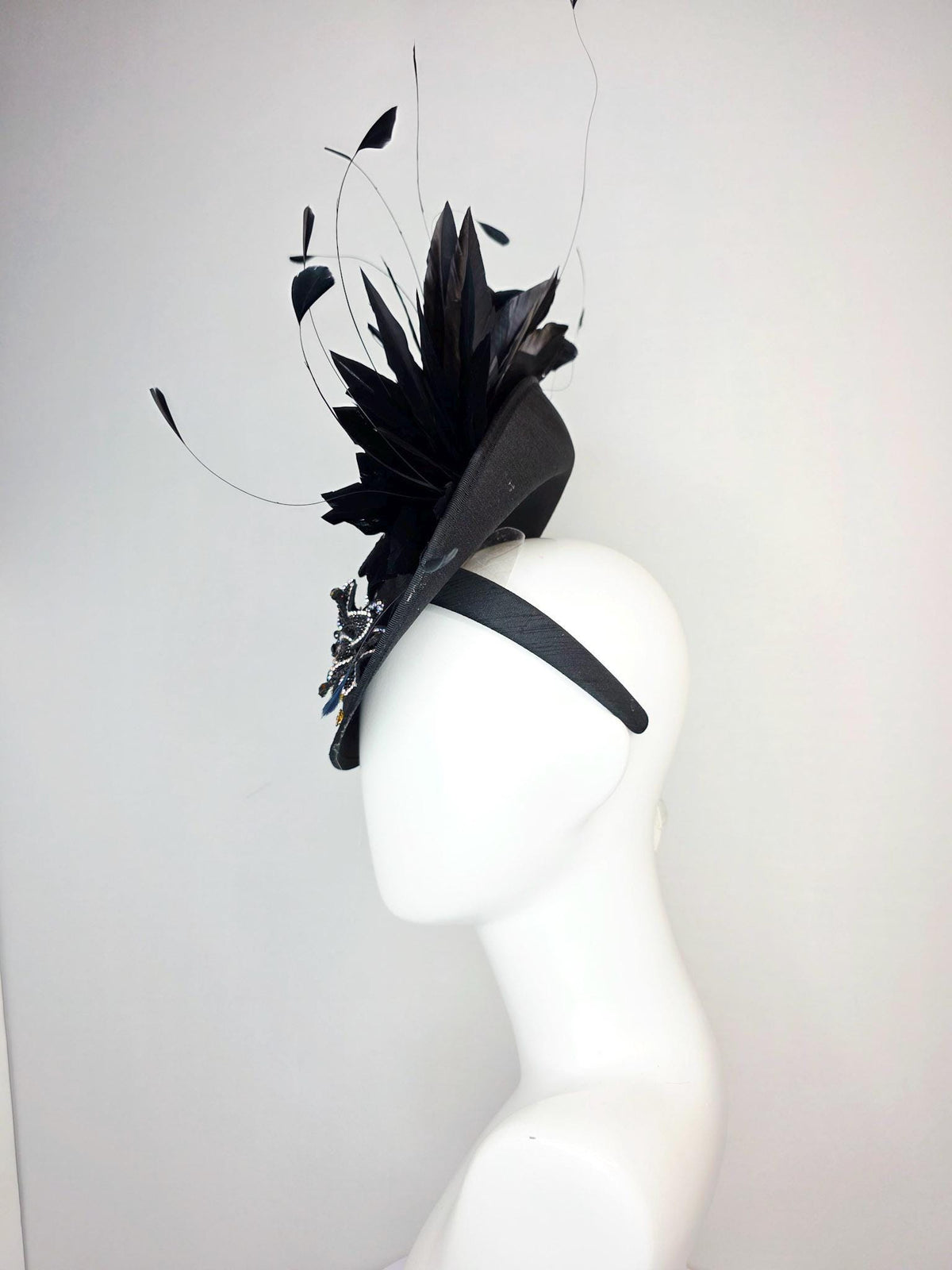 kentucky derby hat fascinator black shantung saucer with shantung bow black silver crystal rhinestone flowers and black branching feathers