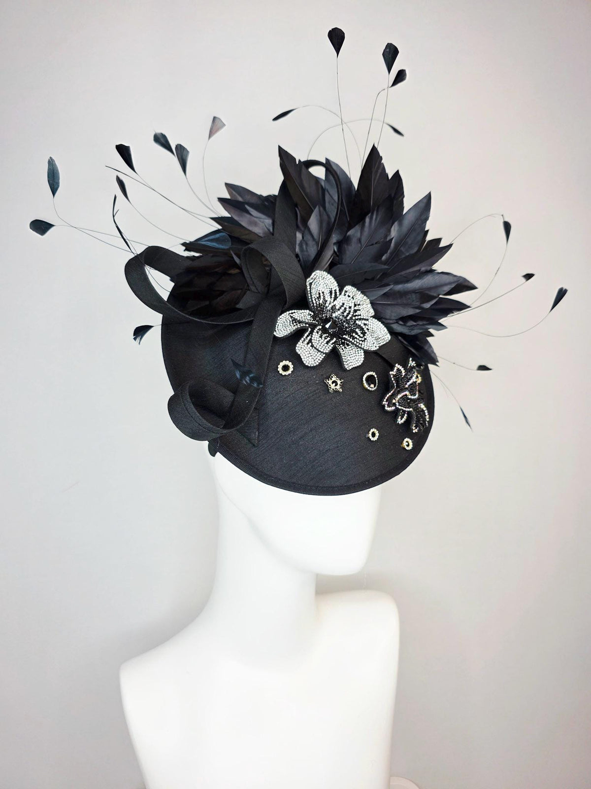 kentucky derby hat fascinator black shantung saucer with shantung bow black silver crystal rhinestone flowers and black branching feathers