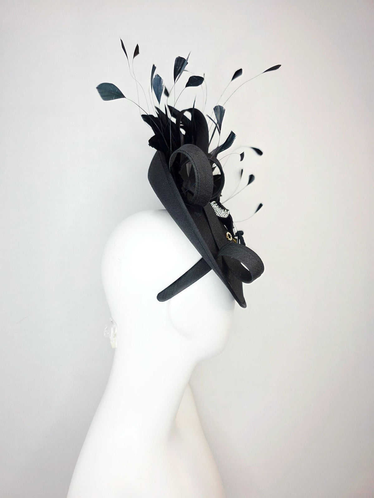 kentucky derby hat fascinator black shantung saucer with shantung bow black silver crystal rhinestone flowers and black branching feathers