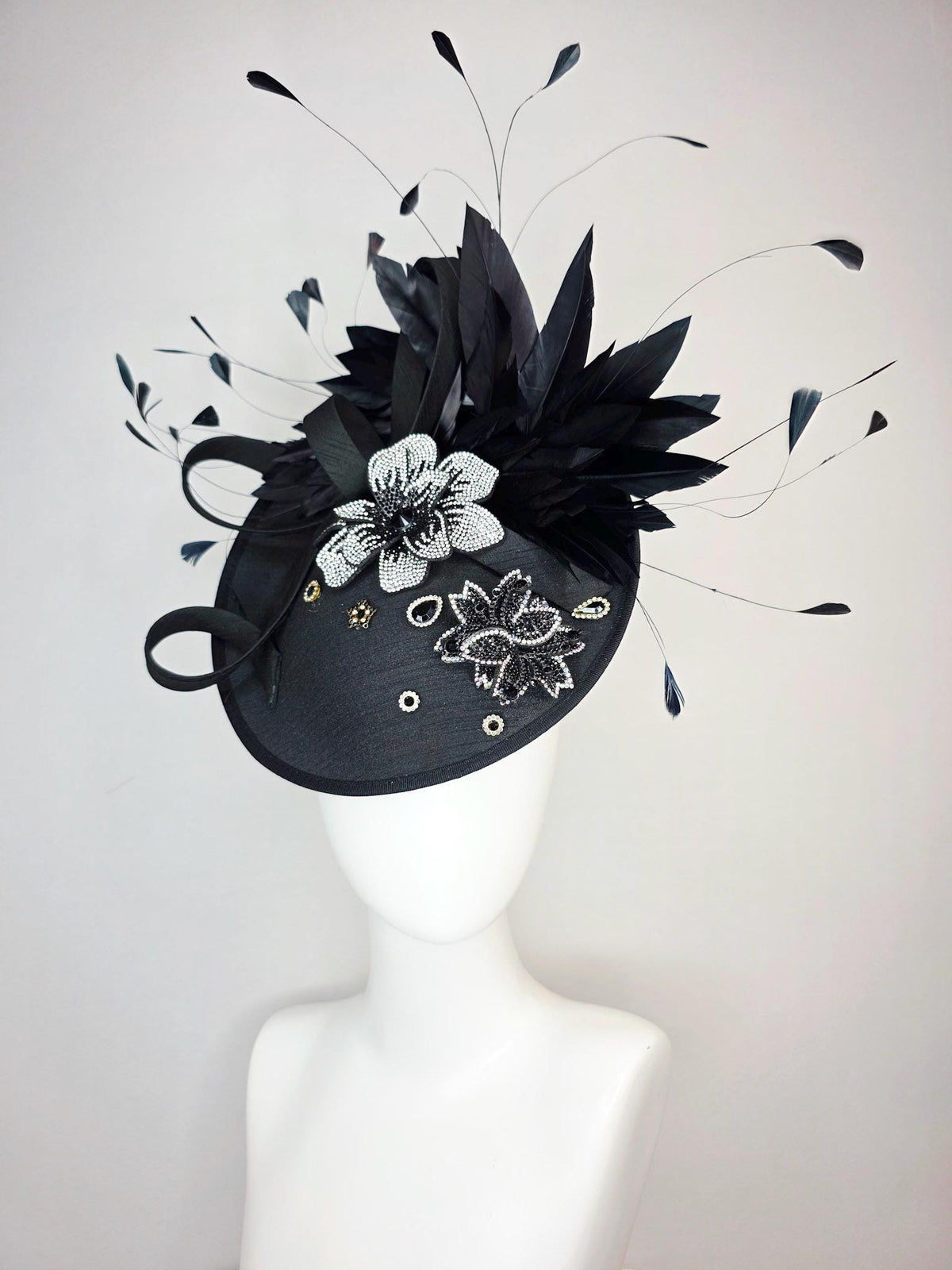 kentucky derby hat fascinator black shantung saucer with shantung bow black silver crystal rhinestone flowers and black branching feathers