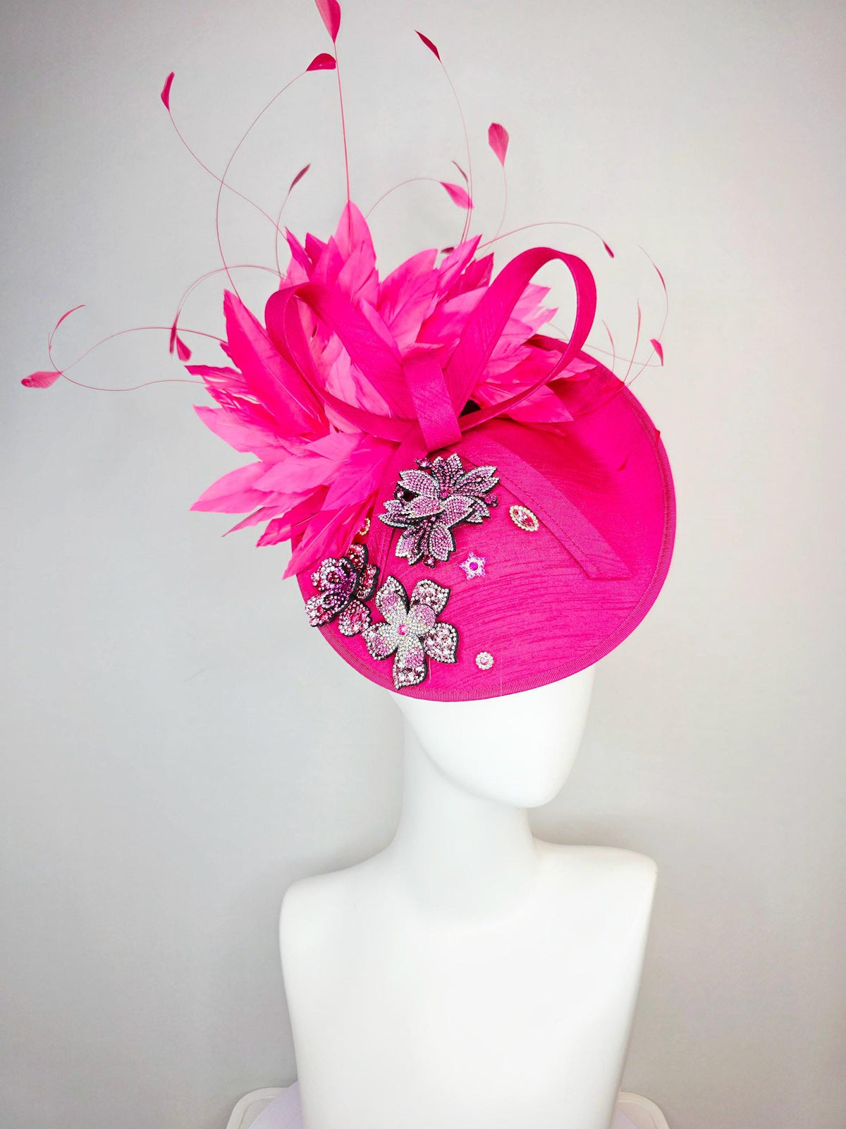 kentucky derby hat fascinator hot pink shantung saucer with shantung bow pink and red crystal rhinestone flowers fuchsia pink feathers