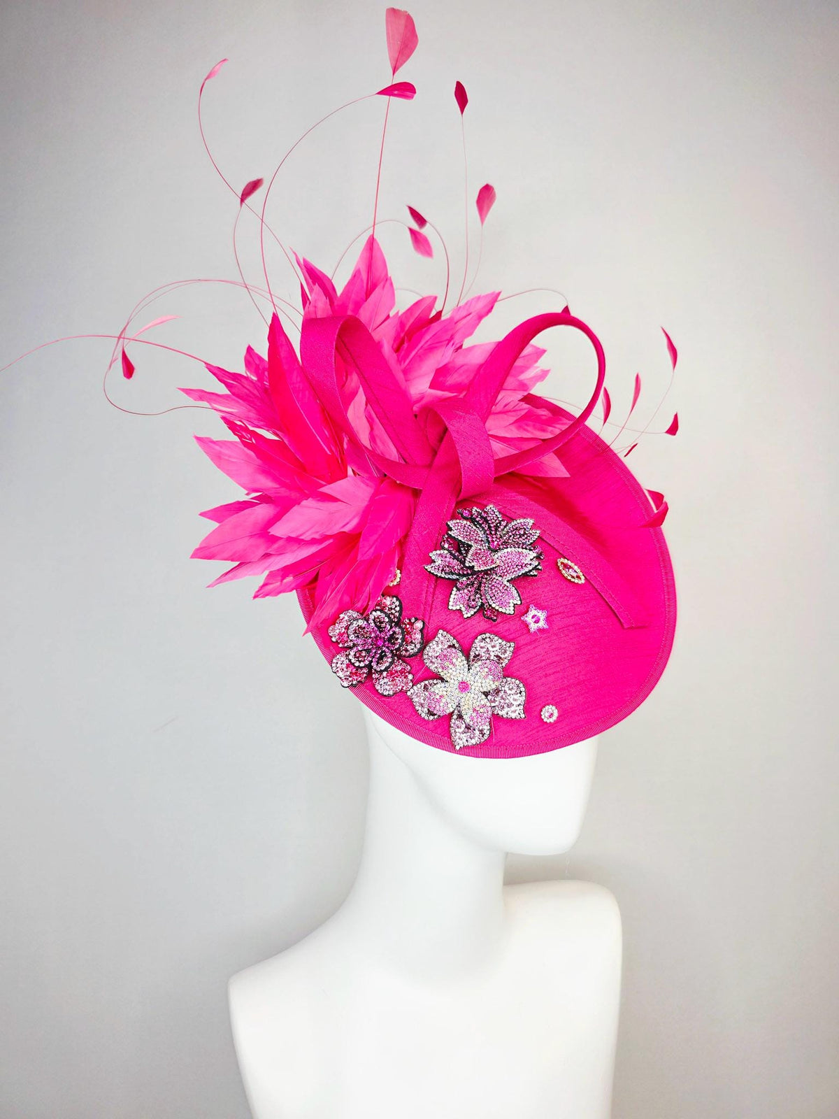 kentucky derby hat fascinator hot pink shantung saucer with shantung bow pink and red crystal rhinestone flowers fuchsia pink feathers