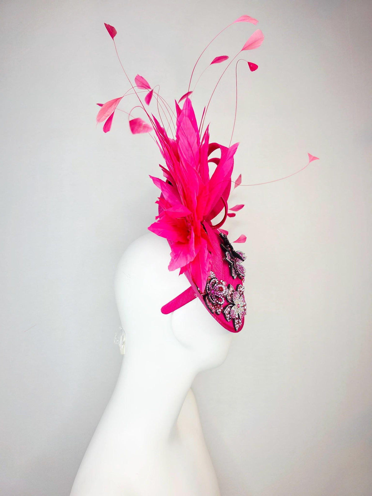 kentucky derby hat fascinator hot pink shantung saucer with shantung bow pink and red crystal rhinestone flowers fuchsia pink feathers