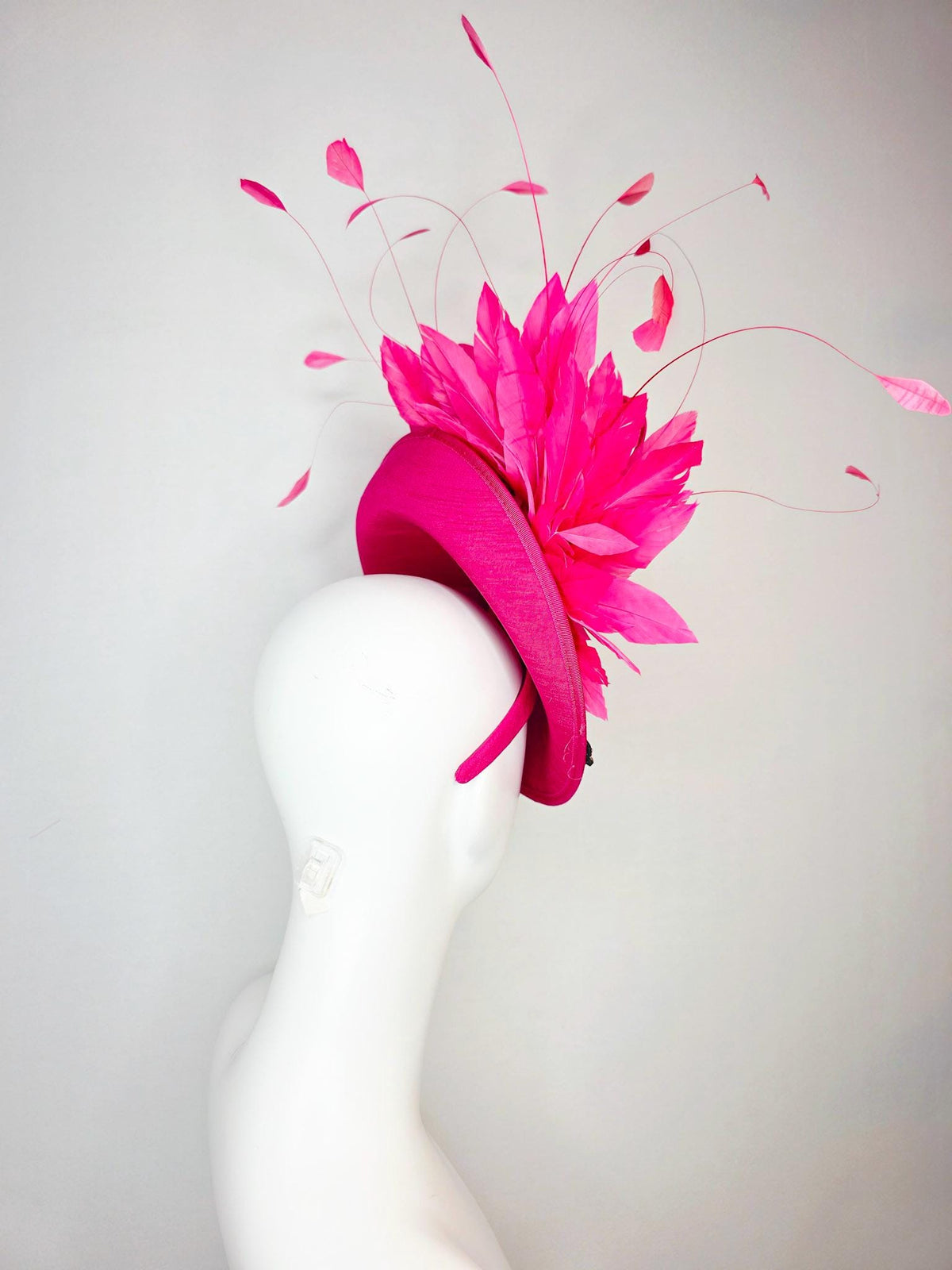 kentucky derby hat fascinator hot pink shantung saucer with shantung bow pink and red crystal rhinestone flowers fuchsia pink feathers