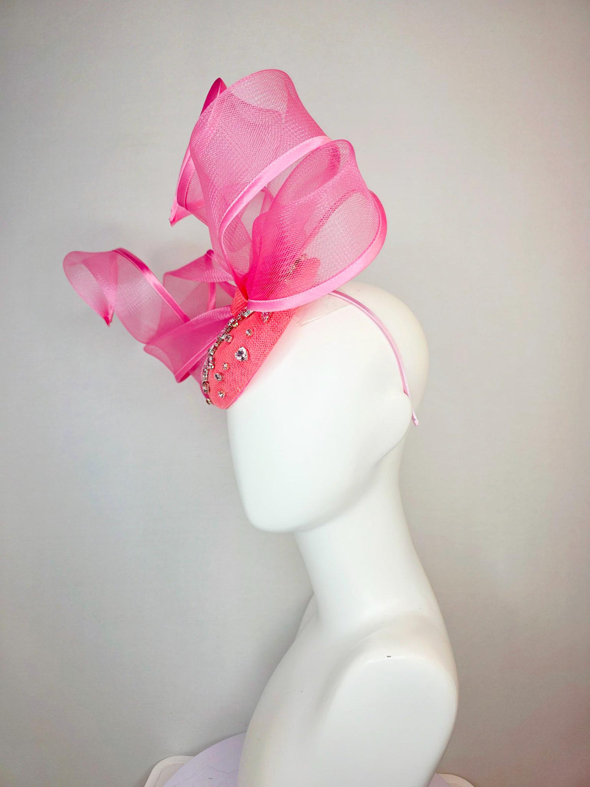 kentucky derby hat fascinator raspberry pink sinamay base with clear crystal jewels blush pink mesh wired ribbon large bendable bow decor