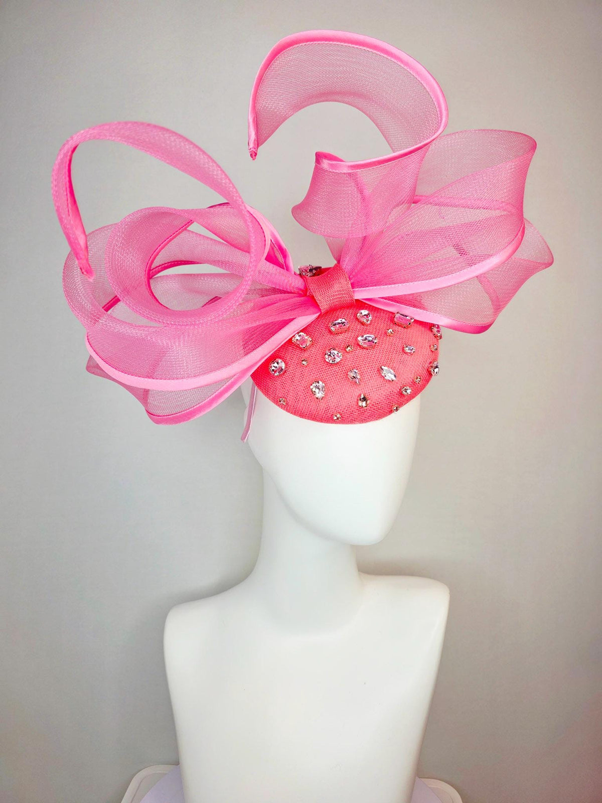 kentucky derby hat fascinator raspberry pink sinamay base with clear crystal jewels blush pink mesh wired ribbon large bendable bow decor
