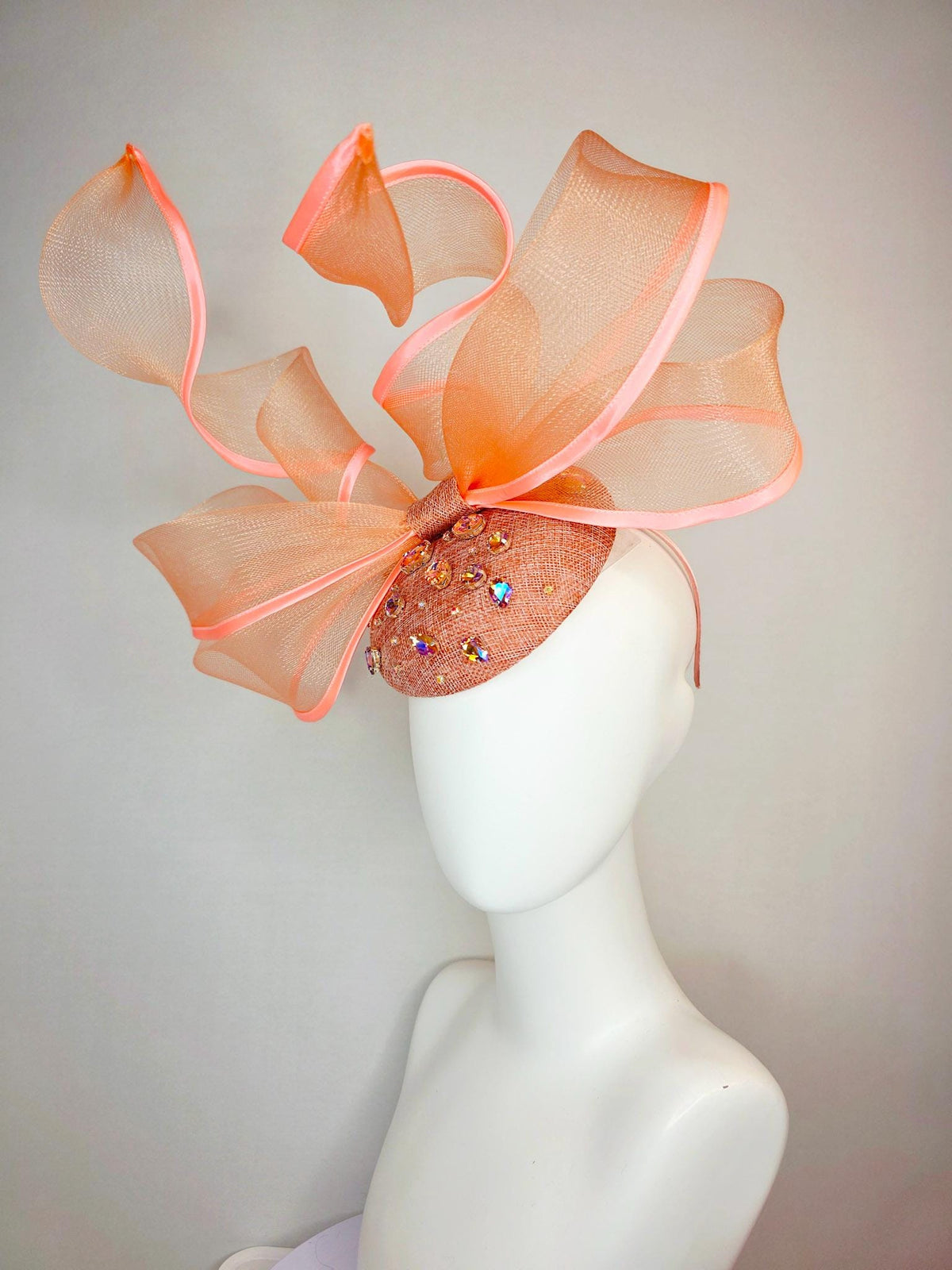 kentucky derby hat fascinator burnt orange sinamay base iridescent orange crystal jewels peach mesh wired ribbon large bendable bow decor