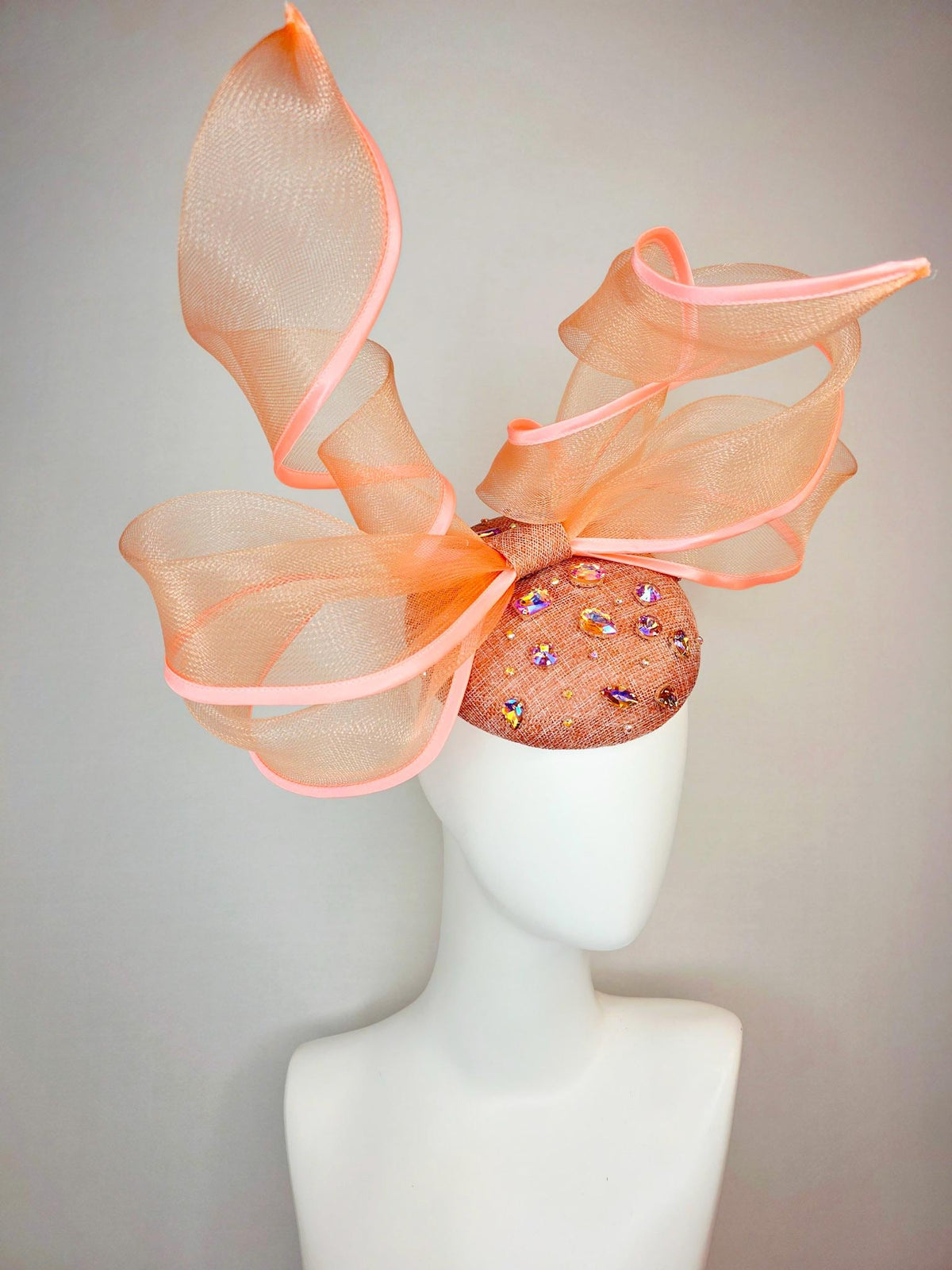 kentucky derby hat fascinator burnt orange sinamay base iridescent orange crystal jewels peach mesh wired ribbon large bendable bow decor