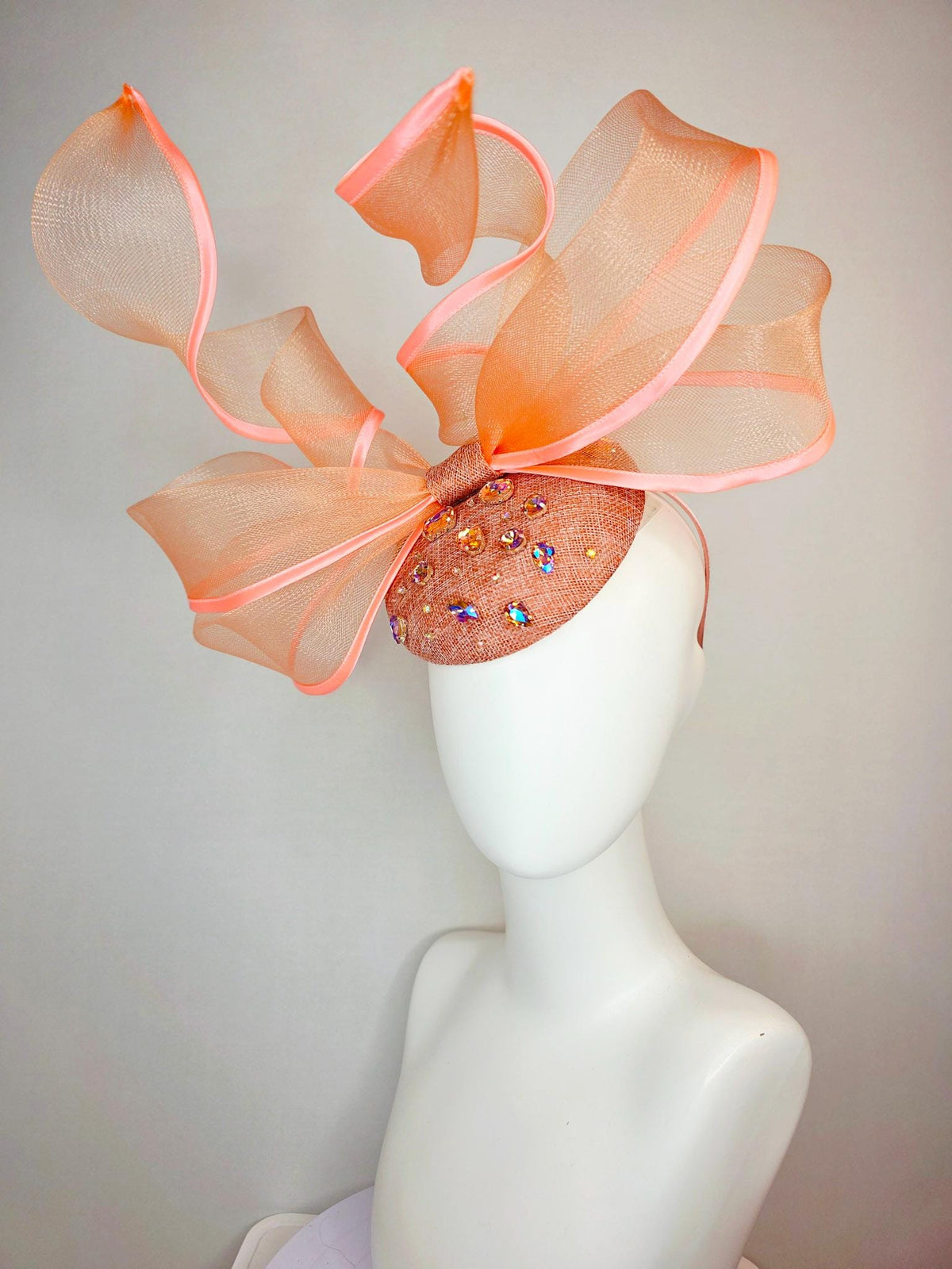 kentucky derby hat fascinator burnt orange sinamay base iridescent orange crystal jewels peach mesh wired ribbon large bendable bow decor