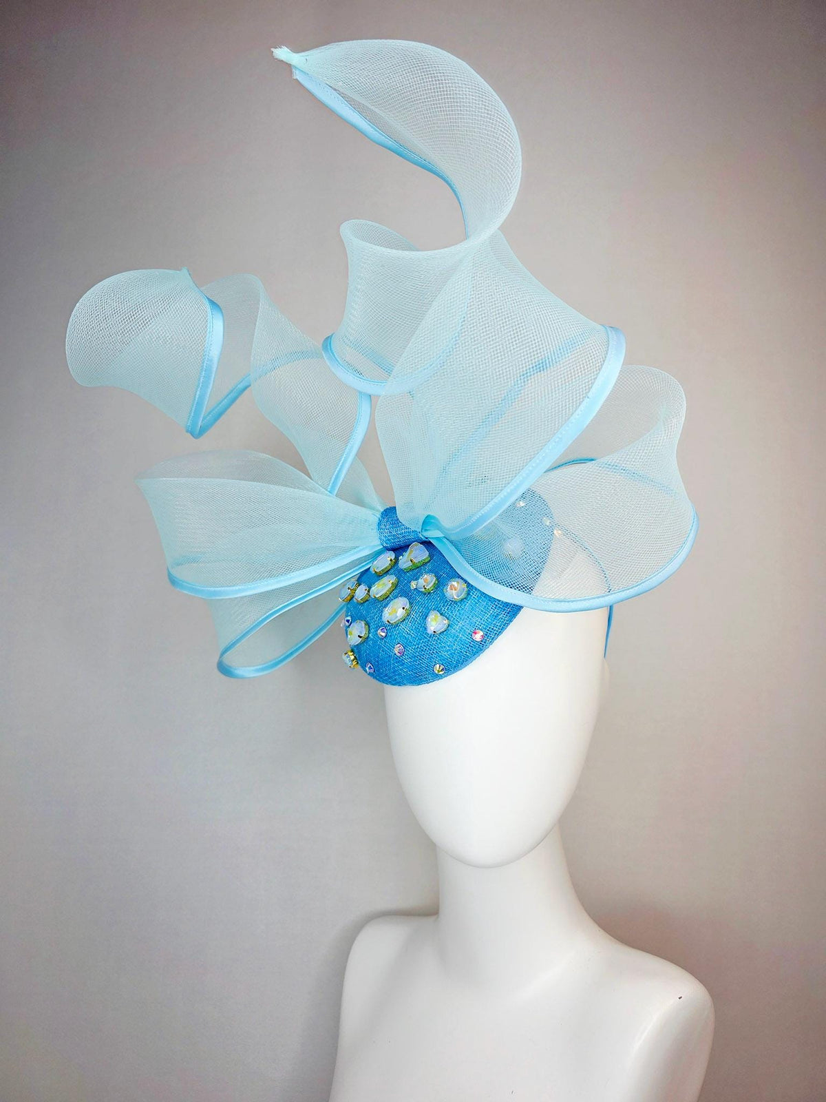 kentucky derby hat fascinator sky ocean blue sinamay base with blue crystal jewels light blue mesh and wired ribbon large bendable bow decor