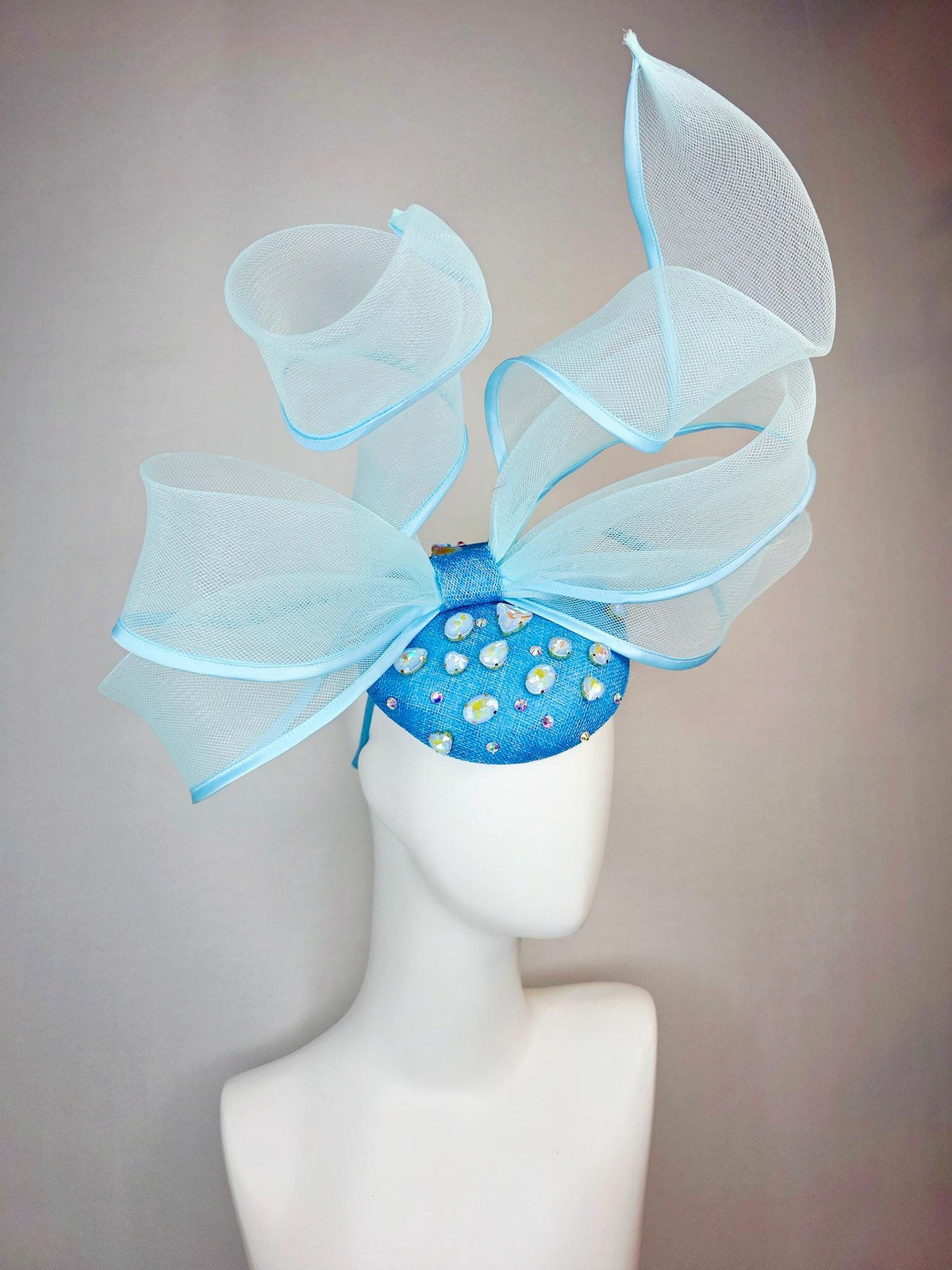 kentucky derby hat fascinator sky ocean blue sinamay base with blue crystal jewels light blue mesh and wired ribbon large bendable bow decor