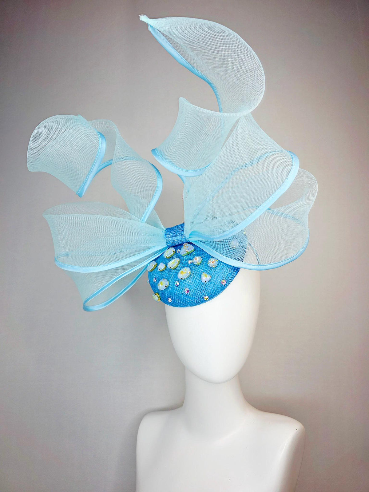 kentucky derby hat fascinator sky ocean blue sinamay base with blue crystal jewels light blue mesh and wired ribbon large bendable bow decor