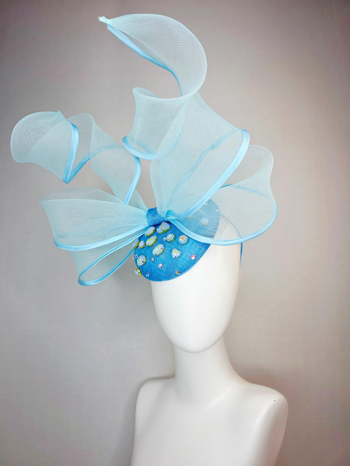 kentucky derby hat fascinator sky ocean blue sinamay base with blue crystal jewels light blue mesh and wired ribbon large bendable bow decor
