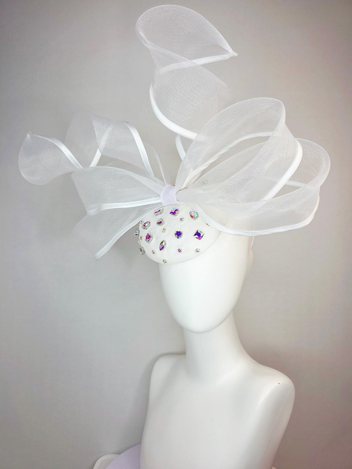 kentucky derby hat fascinator white sinamay base with iridescent clear crystal jewels white mesh and wired ribbon large bendable bow decor
