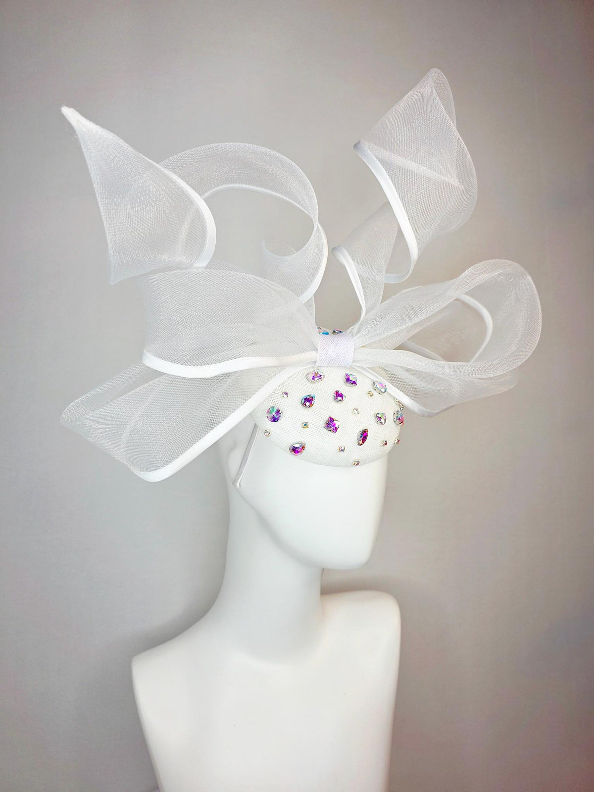 kentucky derby hat fascinator white sinamay base with iridescent clear crystal jewels white mesh and wired ribbon large bendable bow decor