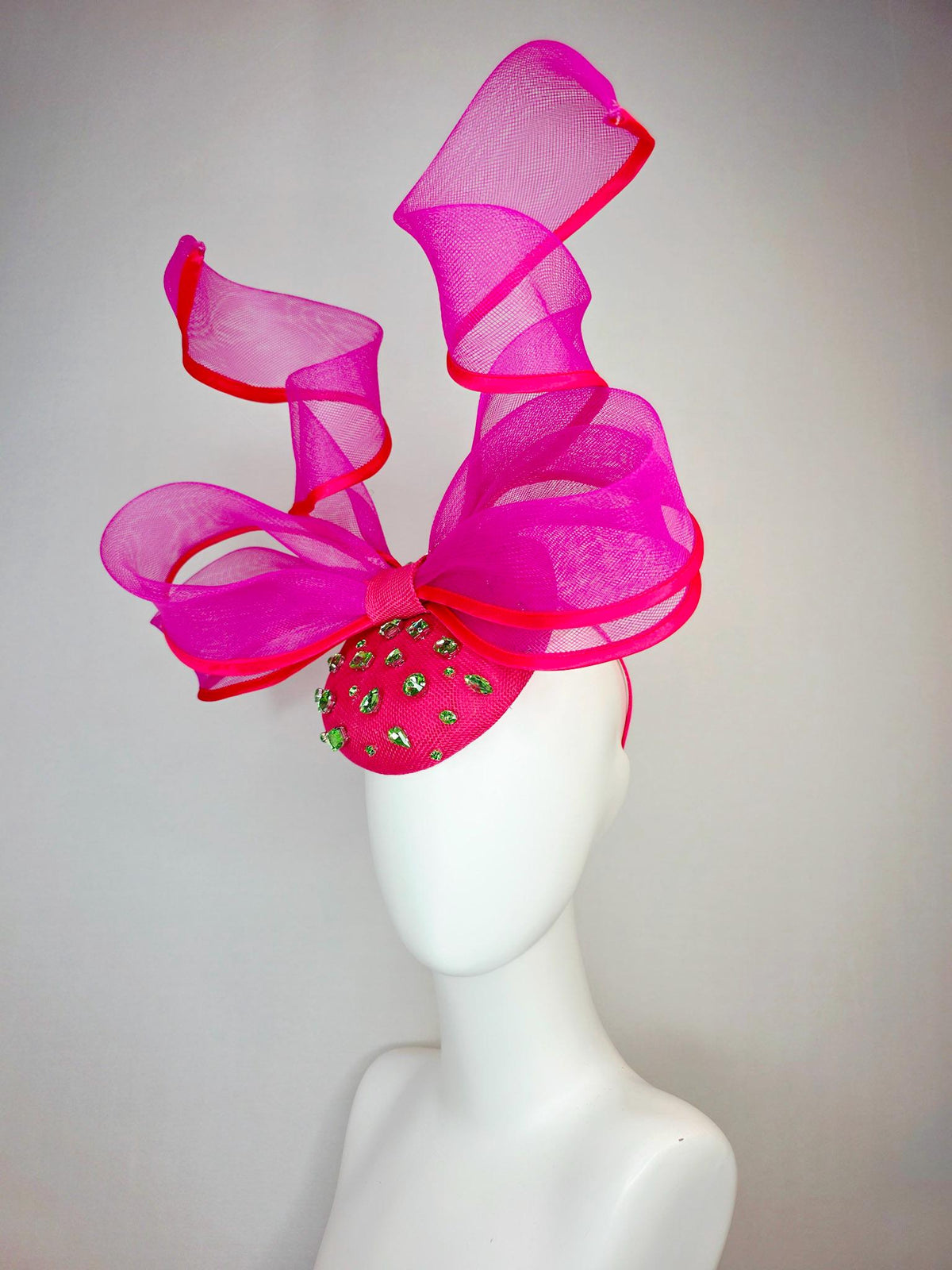 kentucky derby hat fascinator hot pink sinamay base with lime green crystal jewels fuchsia pink mesh wired ribbon large bendable bow decor