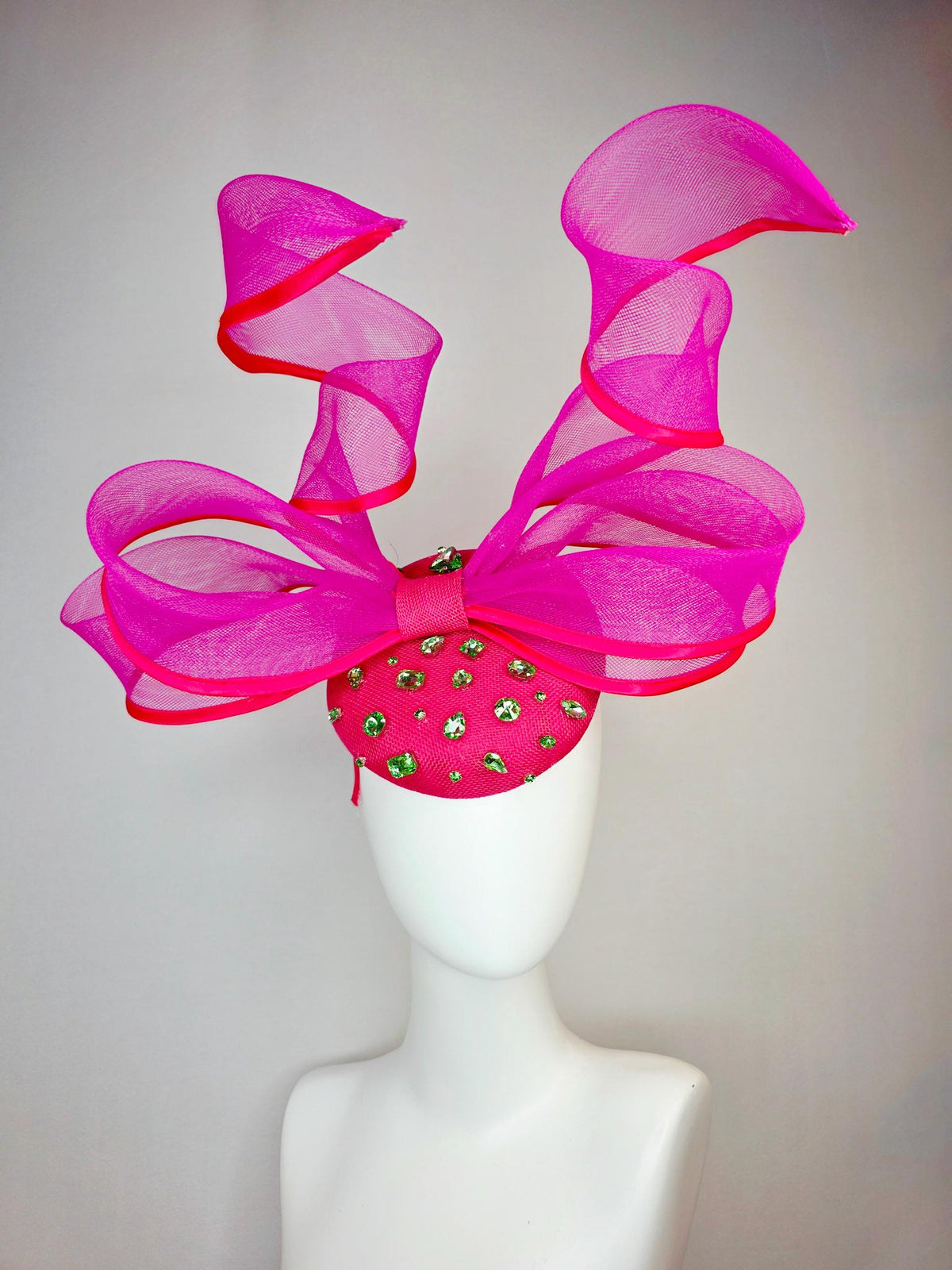 kentucky derby hat fascinator hot pink sinamay base with lime green crystal jewels fuchsia pink mesh wired ribbon large bendable bow decor