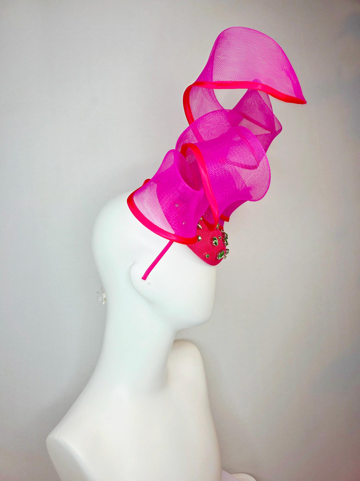 kentucky derby hat fascinator hot pink sinamay base with lime green crystal jewels fuchsia pink mesh wired ribbon large bendable bow decor