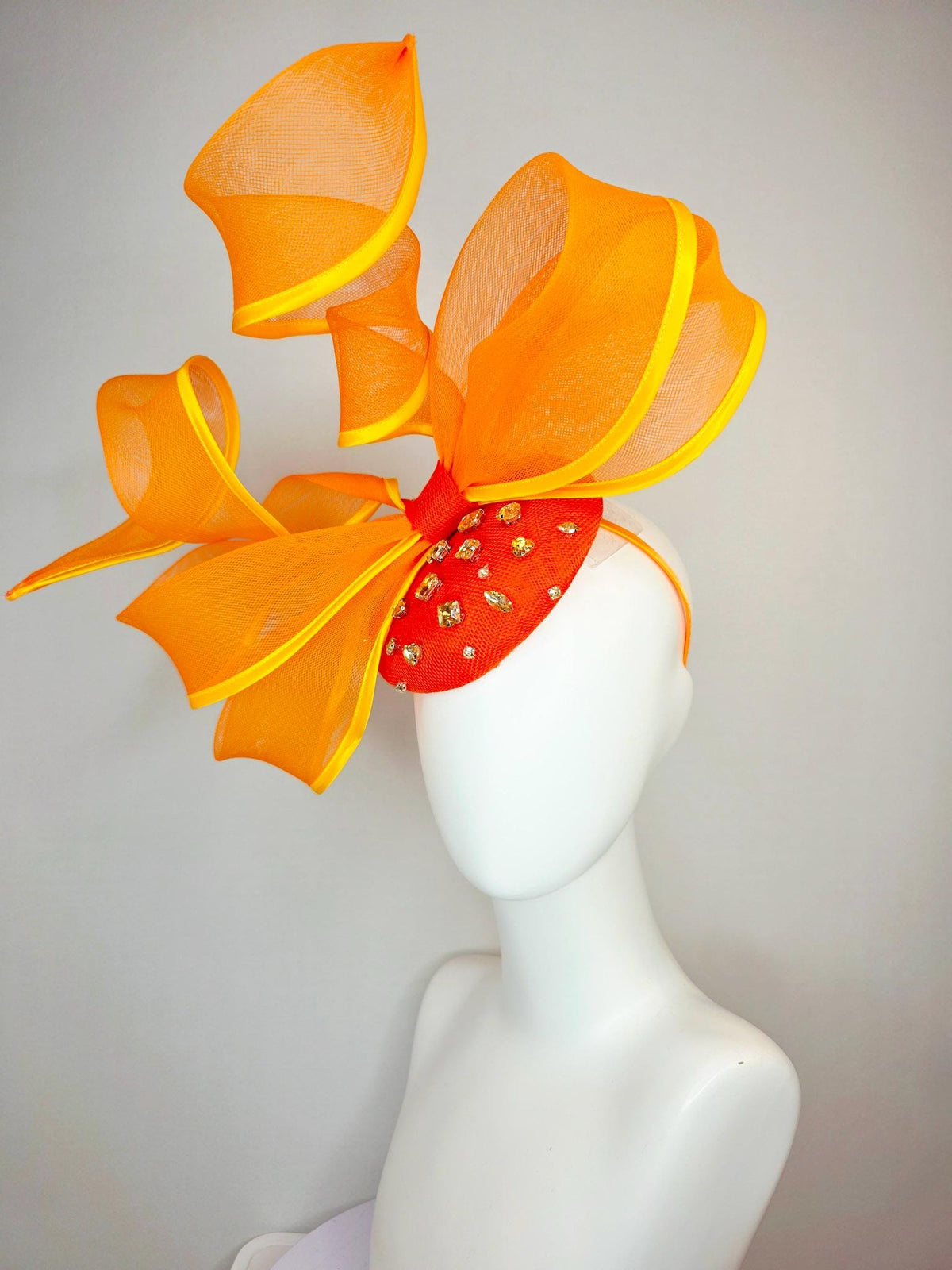kentucky derby hat fascinator bright orange sinamay base clear crystal jewels burnt orange yellow mesh wired ribbon large bendable bow decor