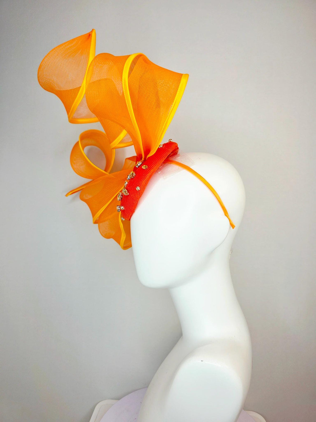 kentucky derby hat fascinator bright orange sinamay base clear crystal jewels burnt orange yellow mesh wired ribbon large bendable bow decor