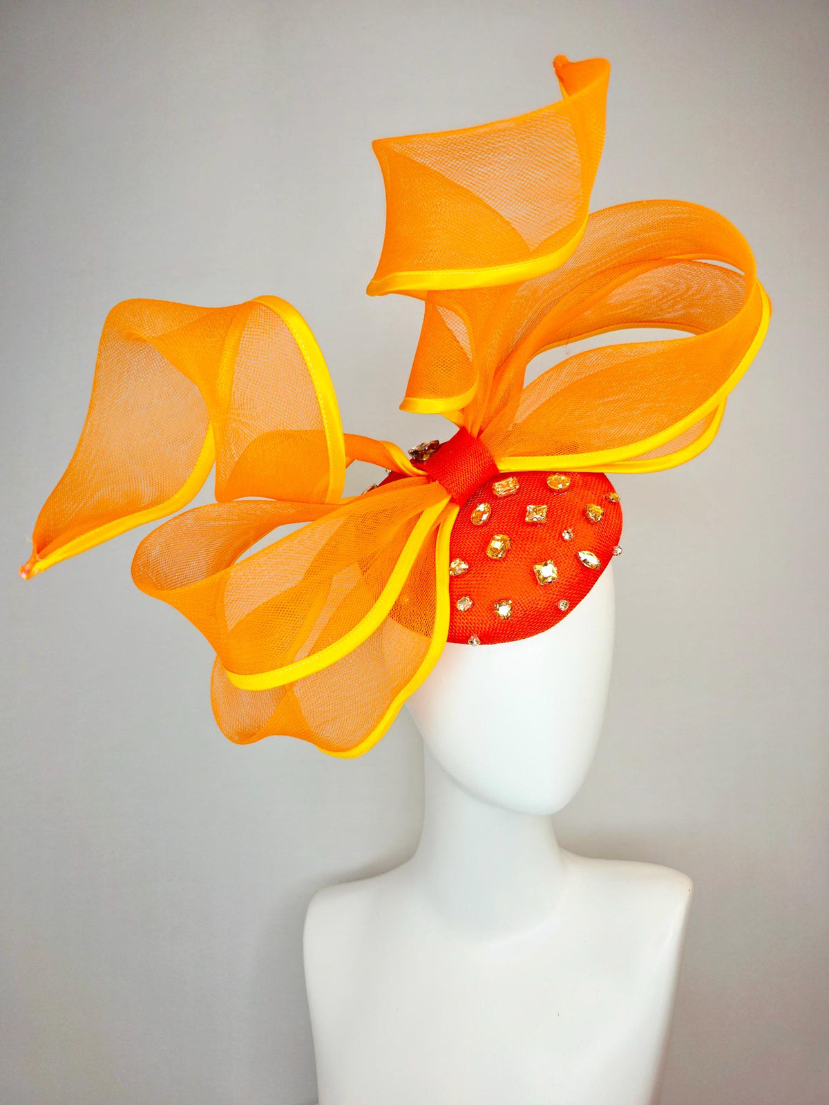 kentucky derby hat fascinator bright orange sinamay base clear crystal jewels burnt orange yellow mesh wired ribbon large bendable bow decor