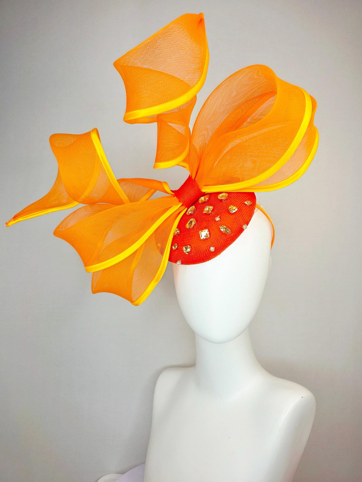 kentucky derby hat fascinator bright orange sinamay base clear crystal jewels burnt orange yellow mesh wired ribbon large bendable bow decor