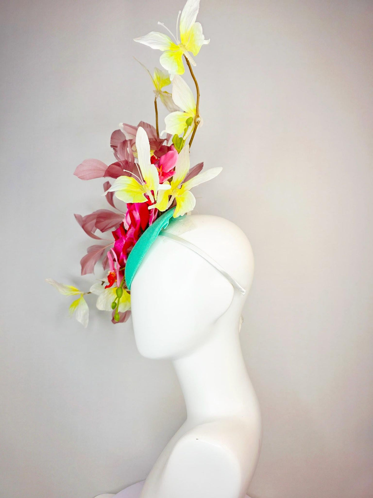kentucky derby hat fascinator mint green sinamay ombre red pink roses pink orchids mauve dusty pink branching feathers yellow butterflies
