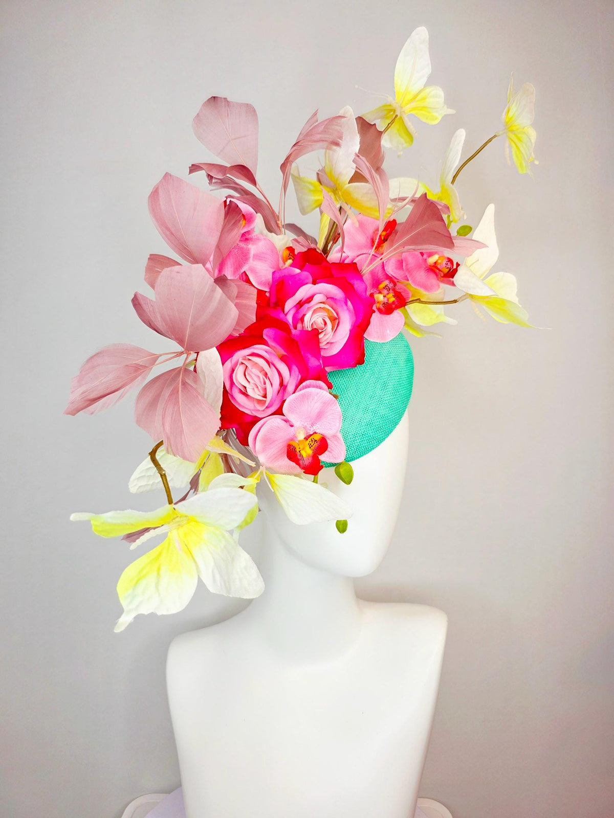 kentucky derby hat fascinator mint green sinamay ombre red pink roses pink orchids mauve dusty pink branching feathers yellow butterflies