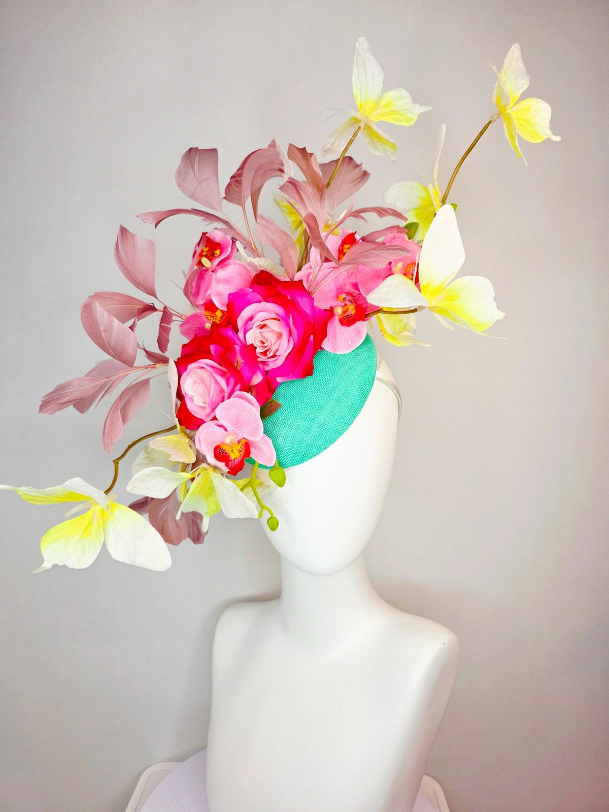 kentucky derby hat fascinator mint green sinamay ombre red pink roses pink orchids mauve dusty pink branching feathers yellow butterflies
