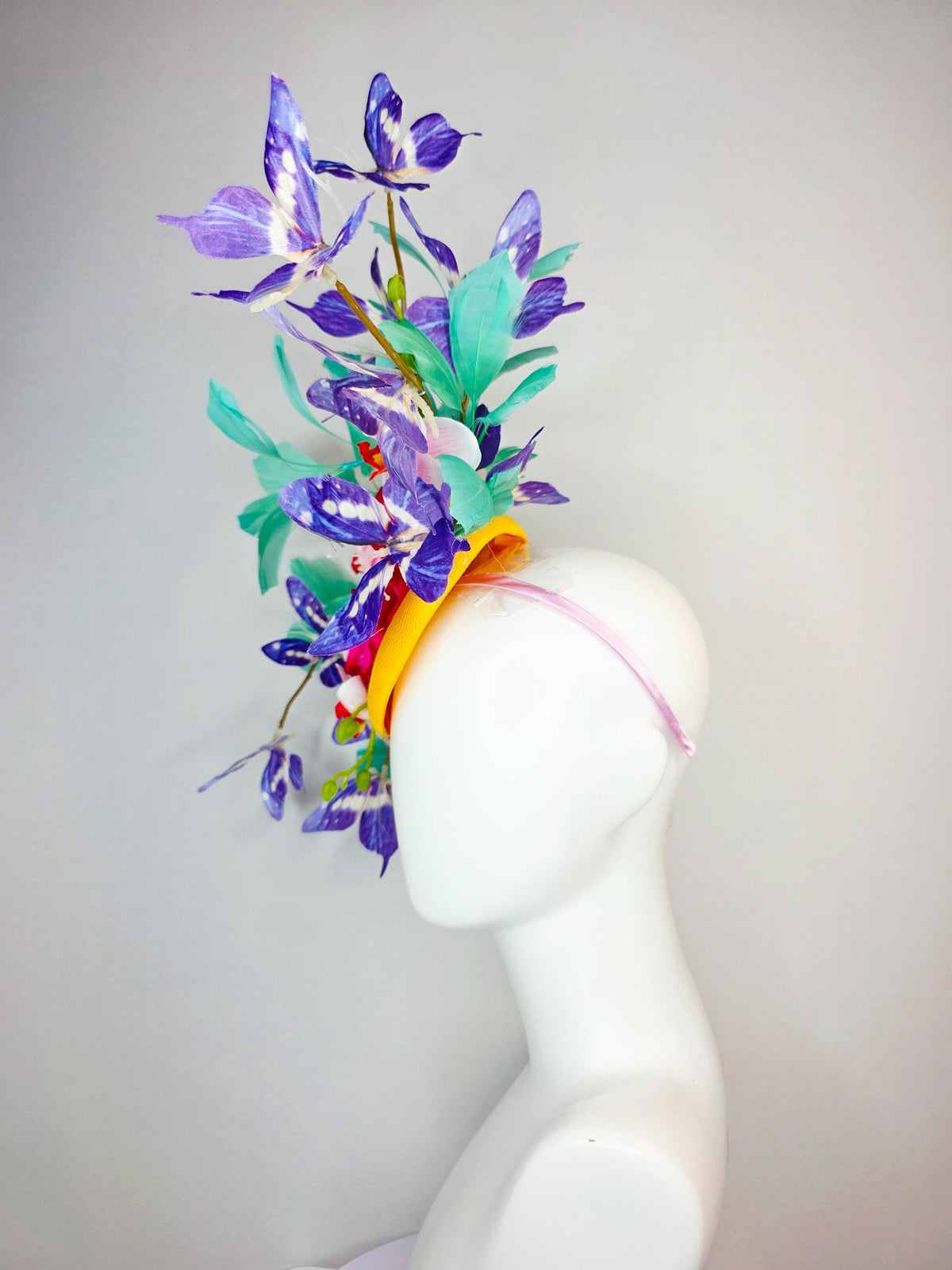 kentucky derby hat fascinator yellow sinamay ombre red pink roses white orchids aqua mint green branching feathers and purple butterflies