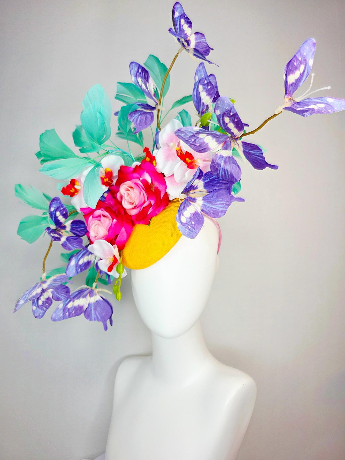 kentucky derby hat fascinator yellow sinamay ombre red pink roses white orchids aqua mint green branching feathers and purple butterflies